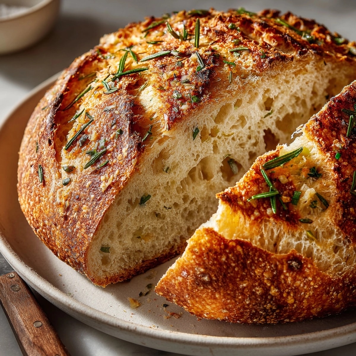 Crusty Rosemary Garlic No-Knead Artisan Bread: a beautiful golden-brown loaf, ready to slice and serve.