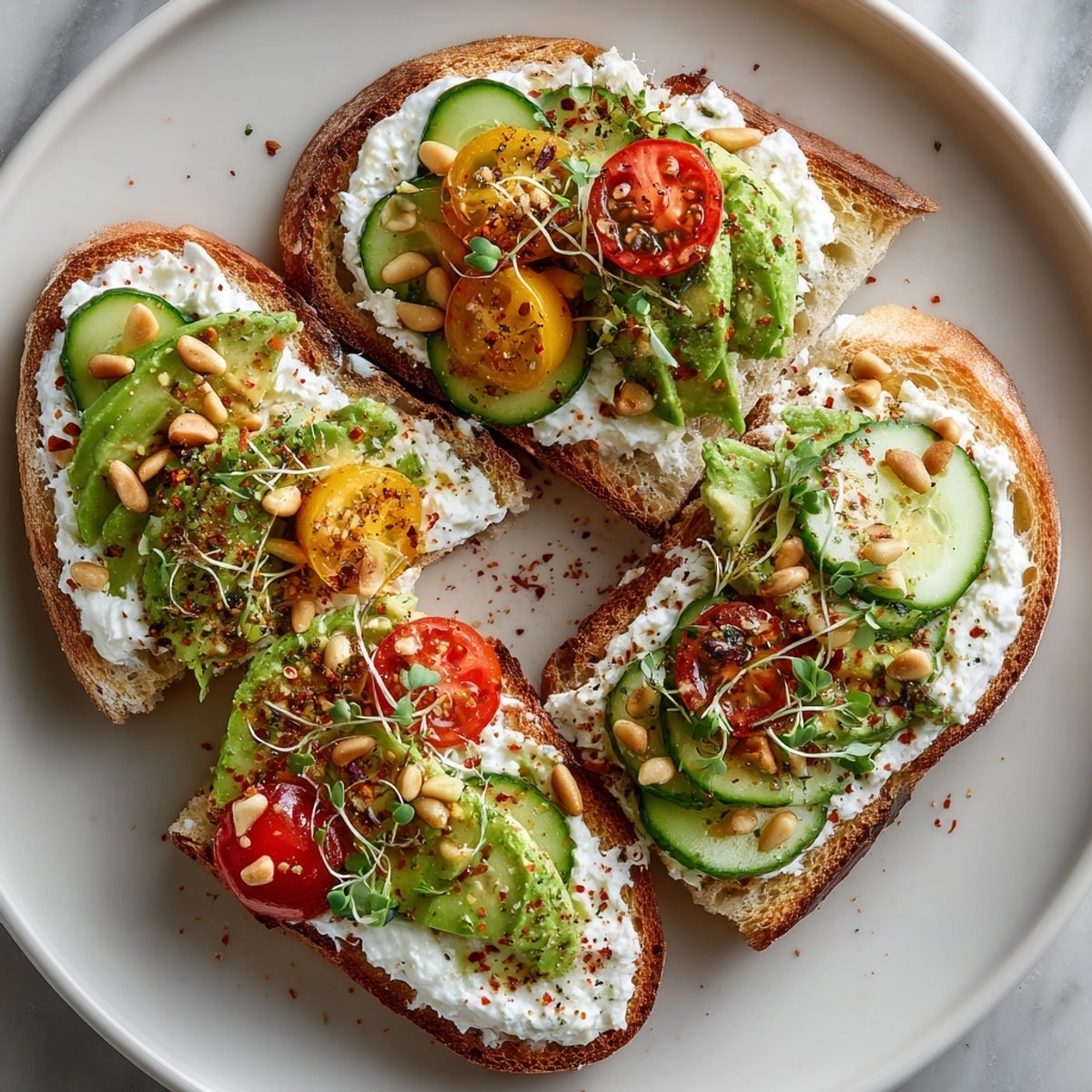 Golden, crispy sourdough breakfast toast artfully topped with herbed whipped feta, a vegetarian taste sensation.