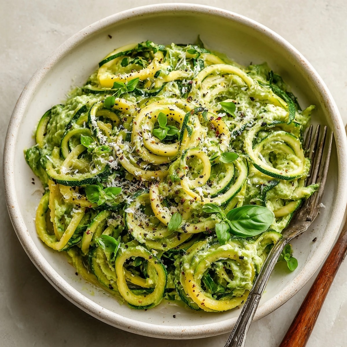 Creamy avocado basil sauce coating vibrant zucchini noodles, a delicious vegan meal.