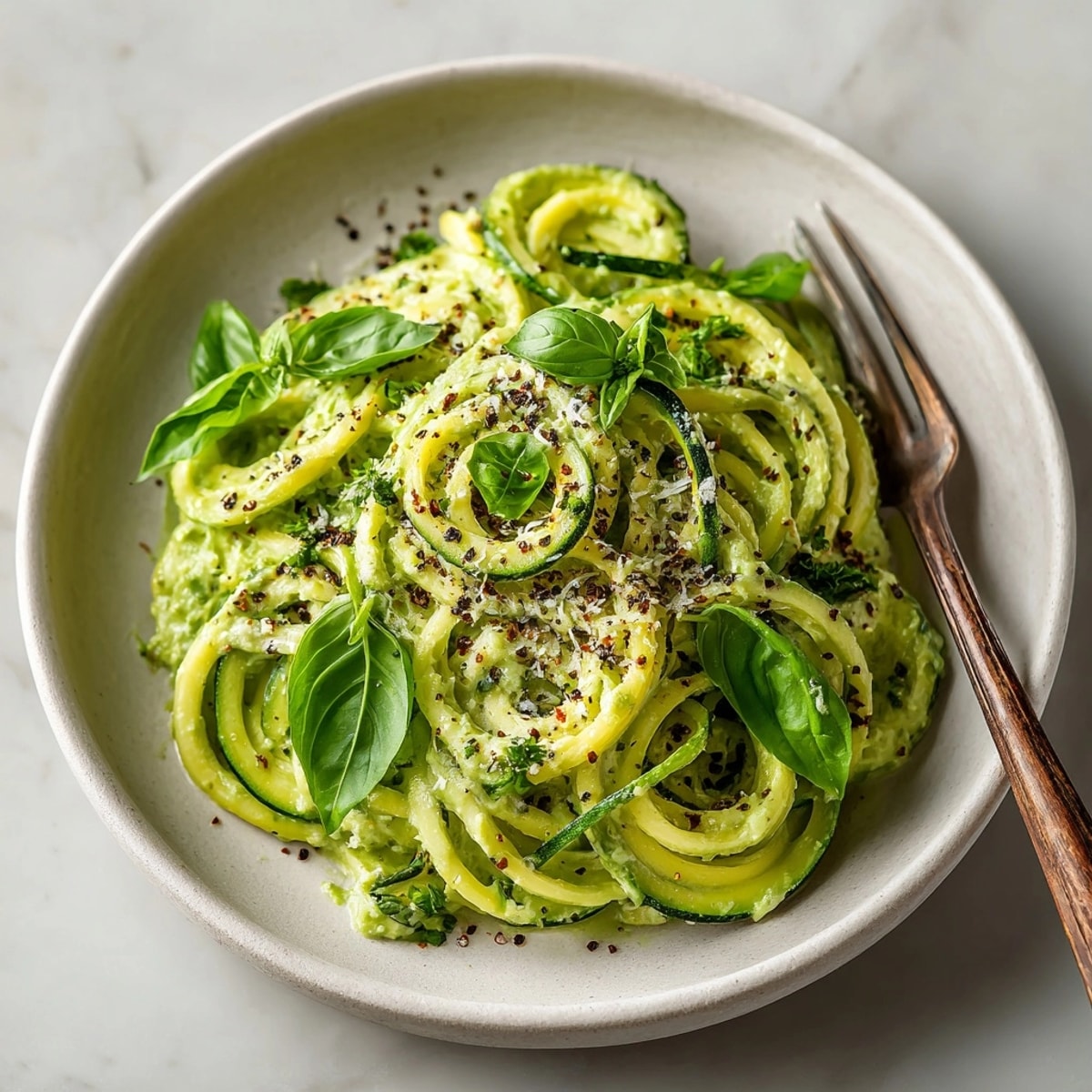 Bright green avocado basil cream sauce over zucchini noodles, a flavorful and healthy dish.