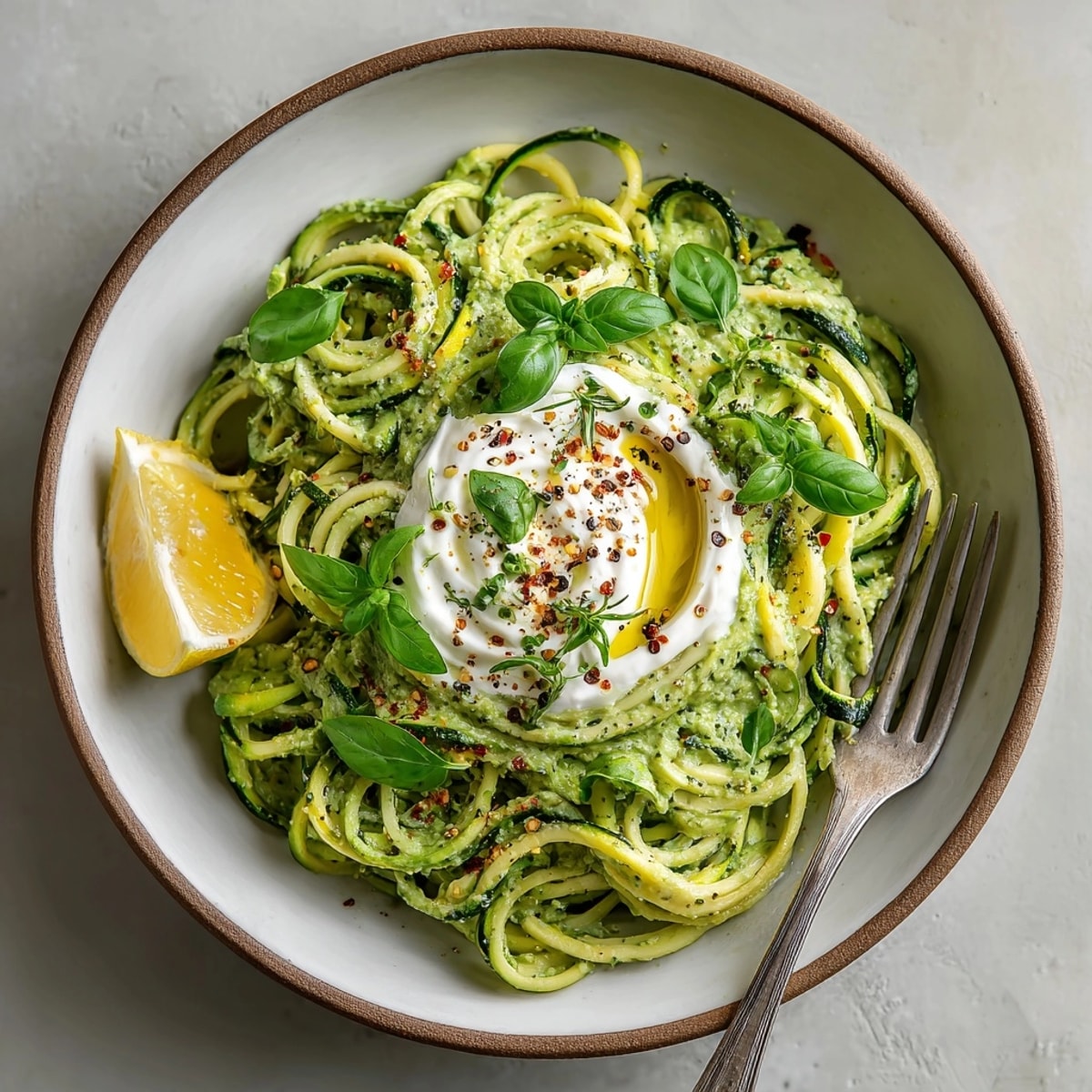 Freshly-made zucchini noodles topped with rich avocado basil cream sauce for a quick, easy meal.