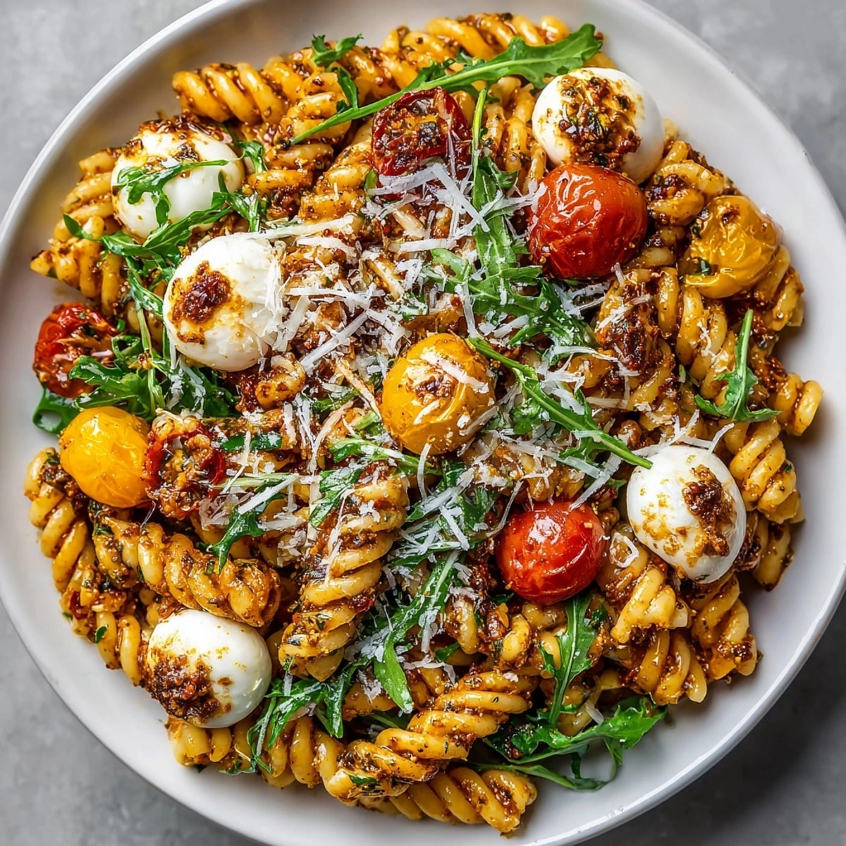Close-up view of vibrant Sun-Dried Tomato Basil Pesto Pasta Salad, perfect for a summer picnic.