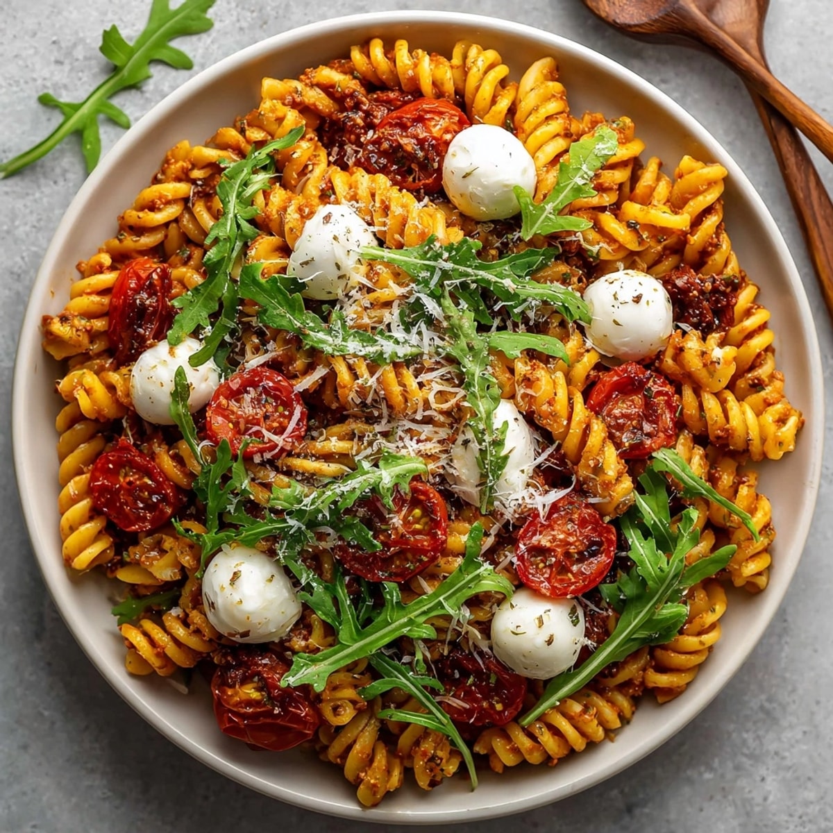 A fresh bowl of Sun-Dried Tomato Basil Pesto Pasta Salad, ready to eat with Parmesan cheese garnishing the top.