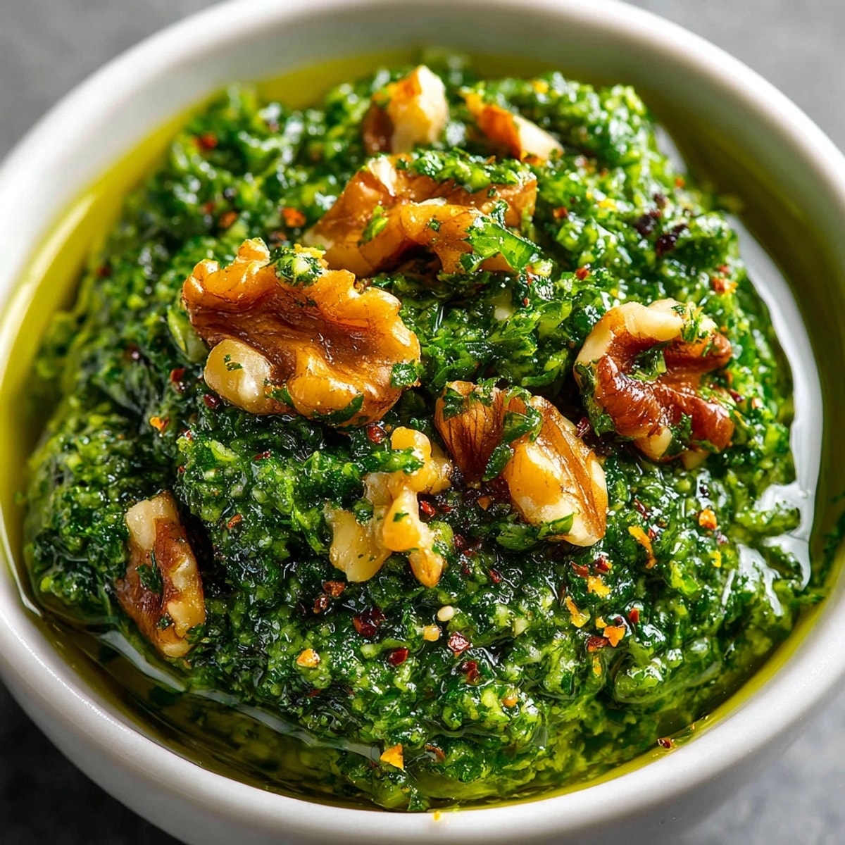 Bright green Fresh Basil and Walnut Pesto, creamy texture, perfect as a sauce for pasta.