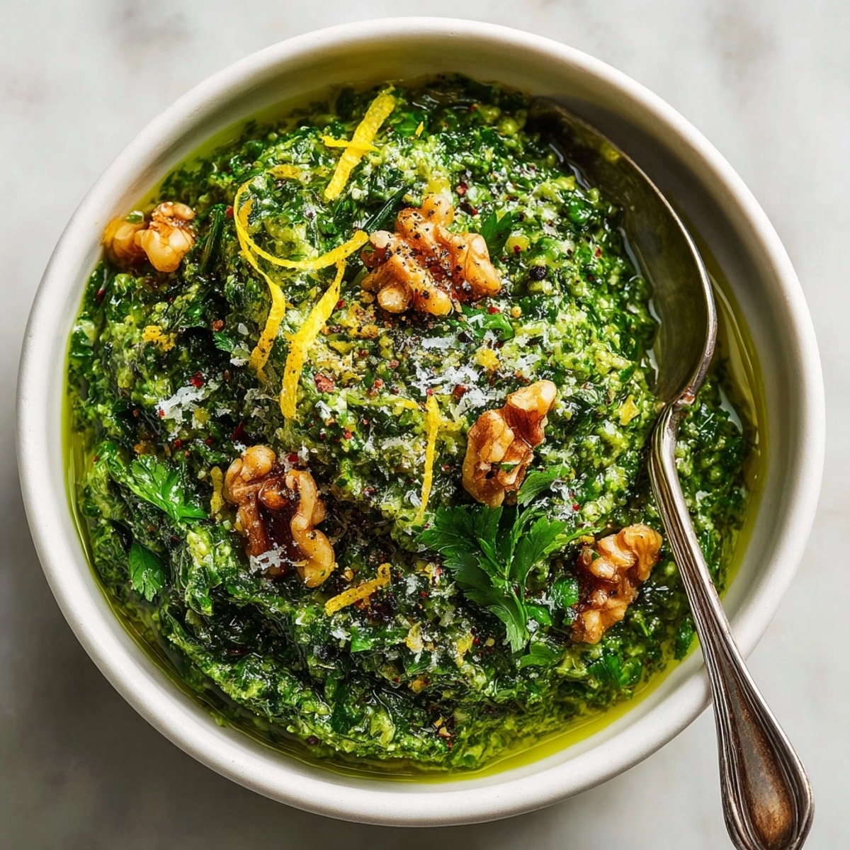 A close-up of delicious Fresh Basil and Walnut Pesto, ready to be served on a crostini.