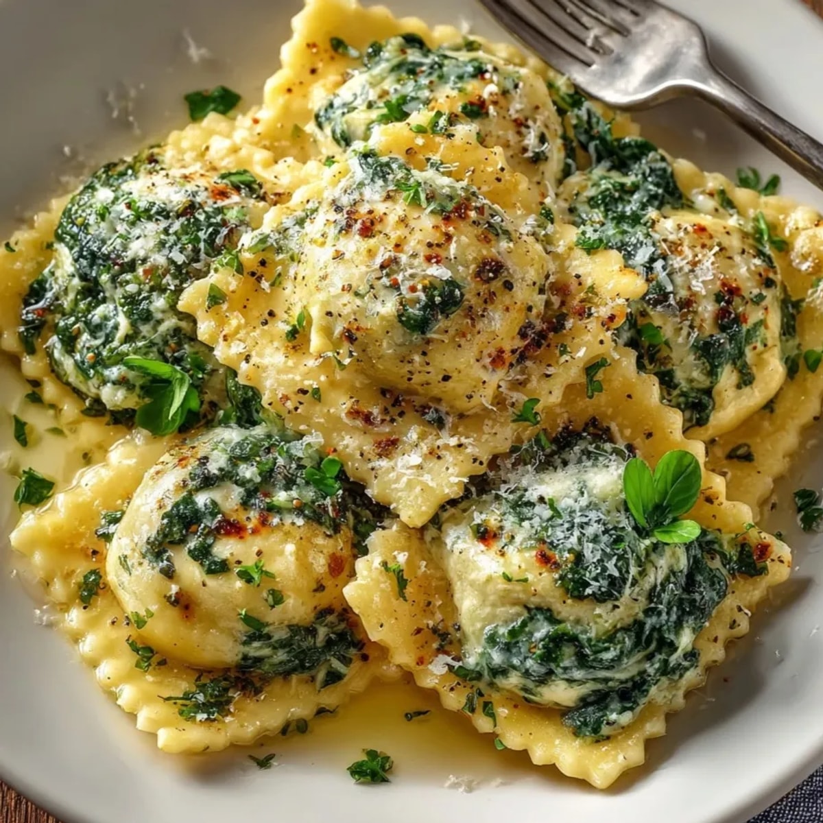 Freshly made spinach and ricotta handmade ravioli, sauced with melted butter and sage, ready to serve.