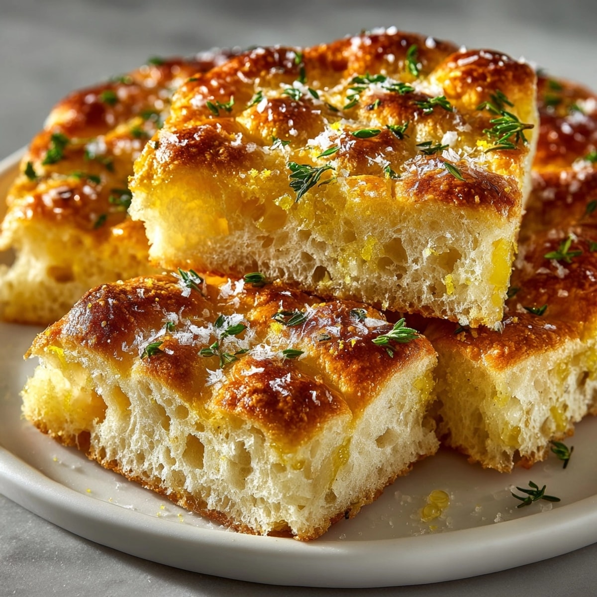 Golden-brown Lemon Thyme Focaccia with sea salt: a delicious Italian bread, perfect for sharing.