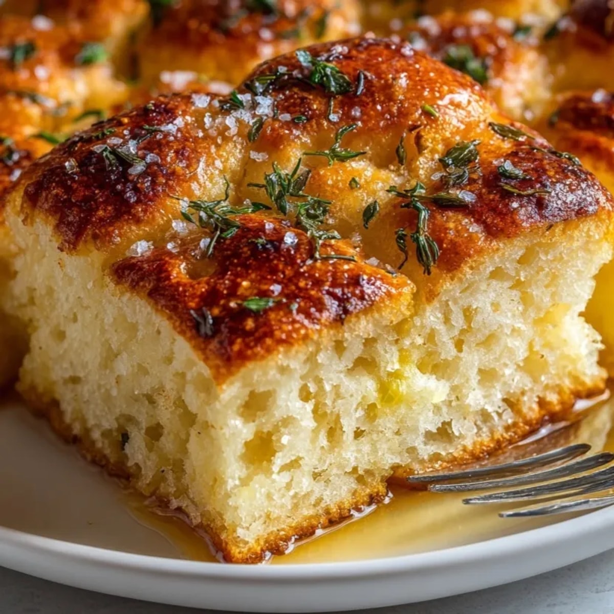 Homemade Lemon Thyme Focaccia showcasing its dimpled surface, sprinkled with sea salt before baking.