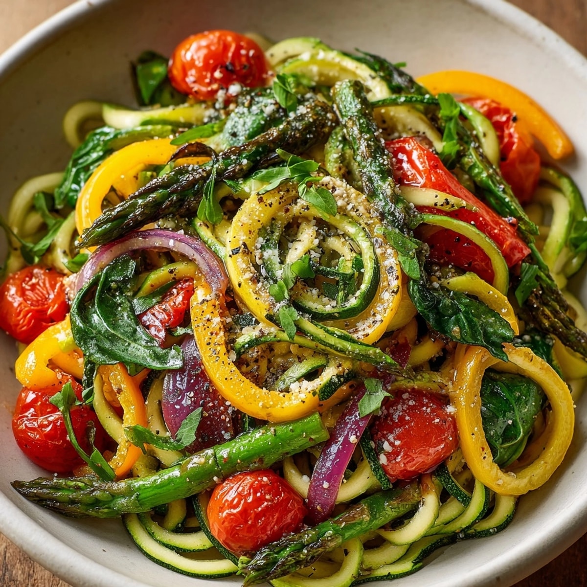 Vibrant zucchini noodle primavera with fresh basil, tossed with colorful, seasonal vegetables.