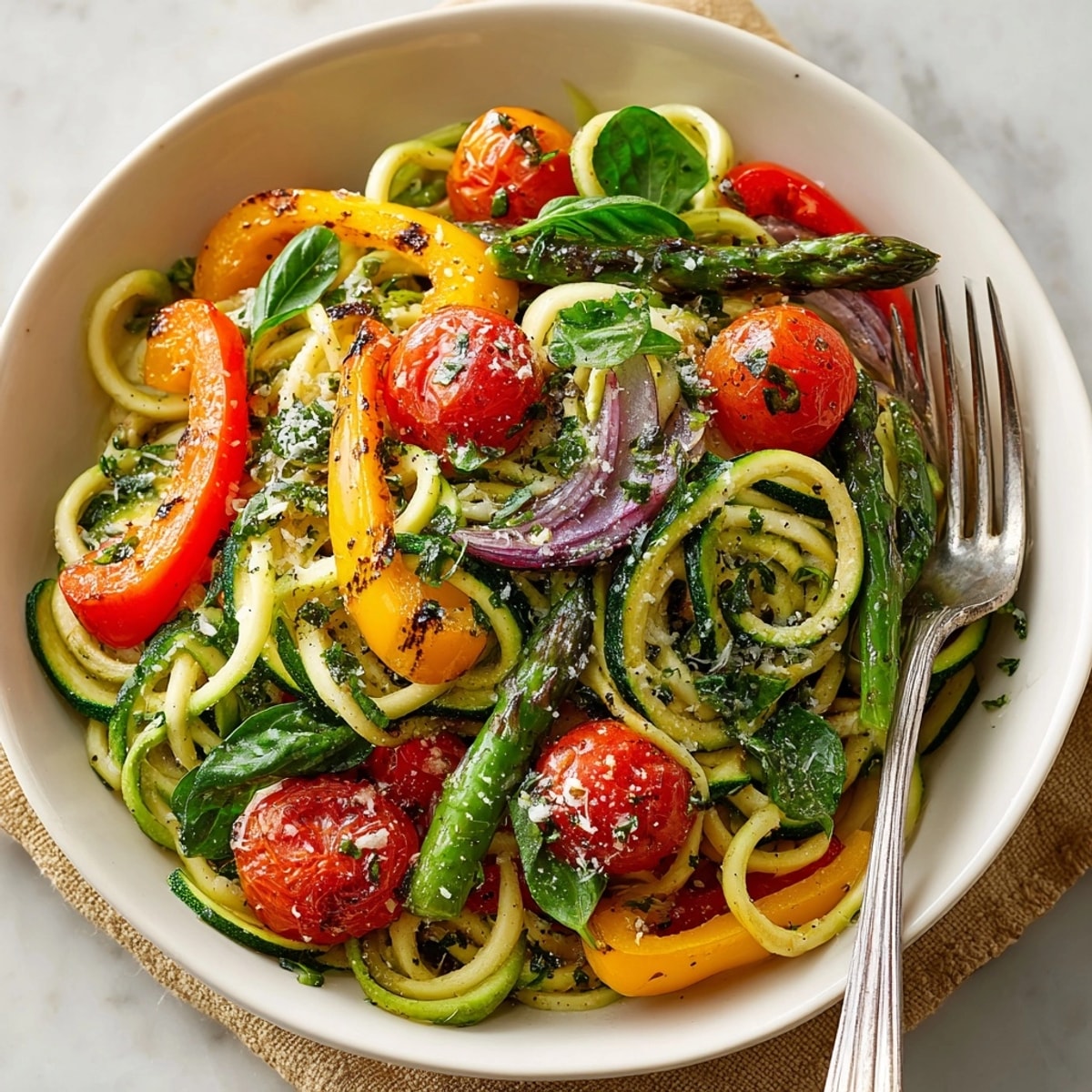 This delicious zucchini noodle primavera features bright basil and tender vegetables in a light lemon sauce.