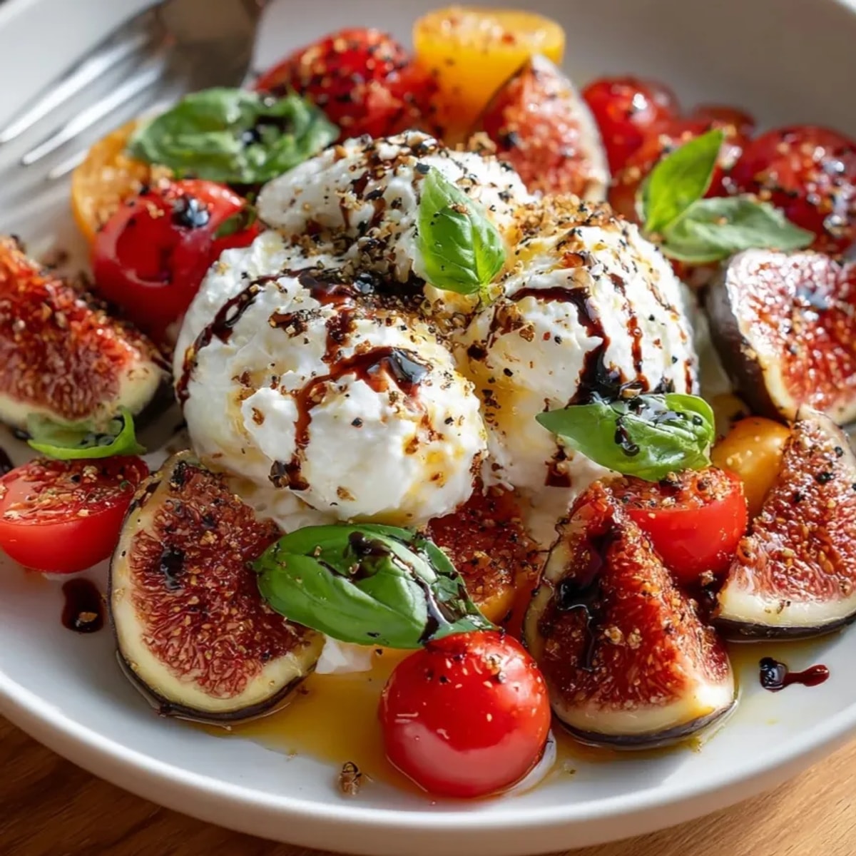 Vibrant fig and burrata Caprese salad, drizzled with balsamic glaze, is ready to serve immediately.