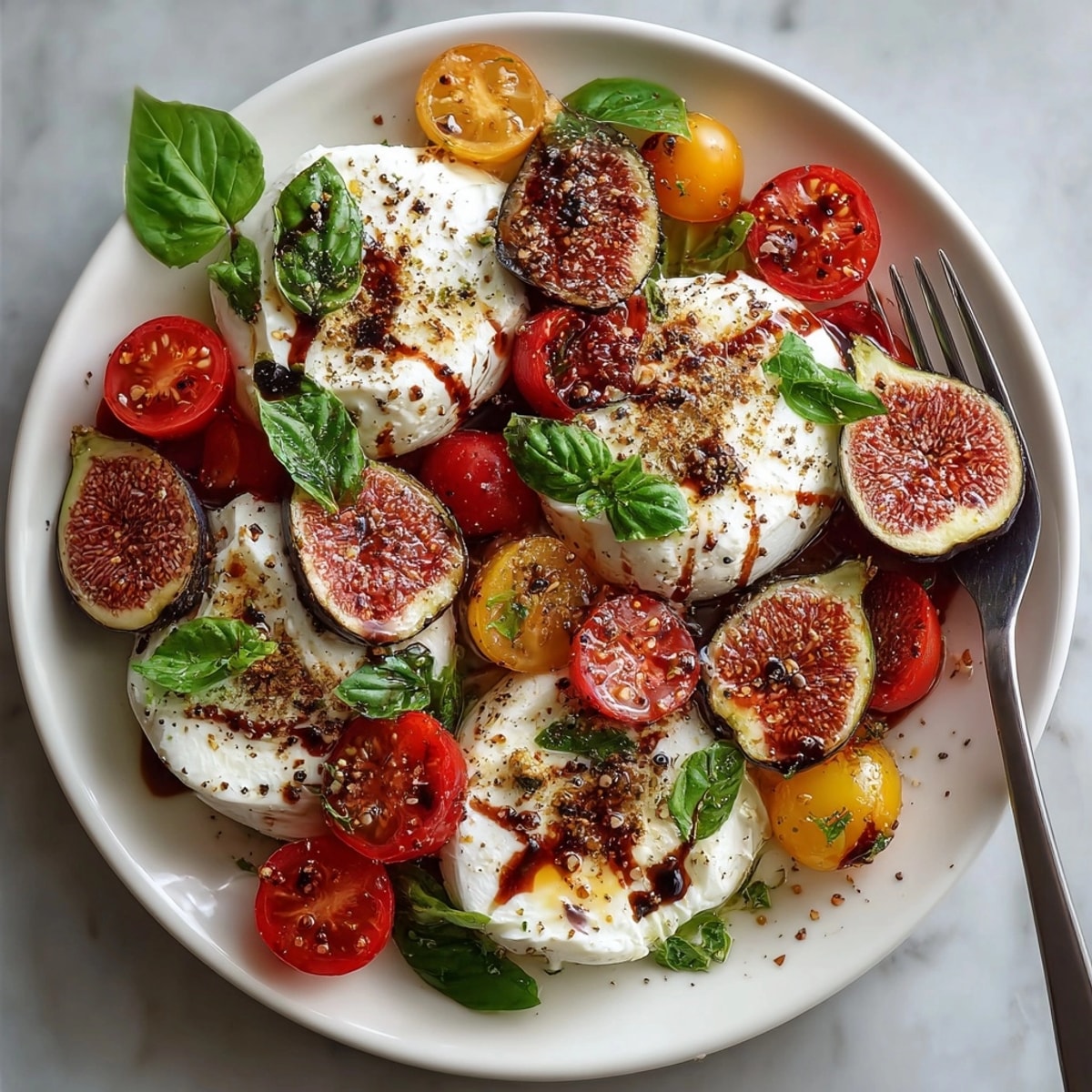 Creamy burrata cheese with sweet figs in this classic Caprese salad with fresh basil.