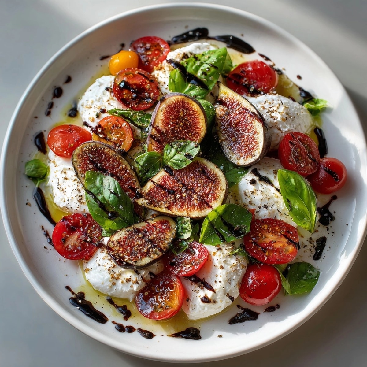 This refreshing Italian fig and burrata Caprese salad features ripe figs, balsamic and olive oil.