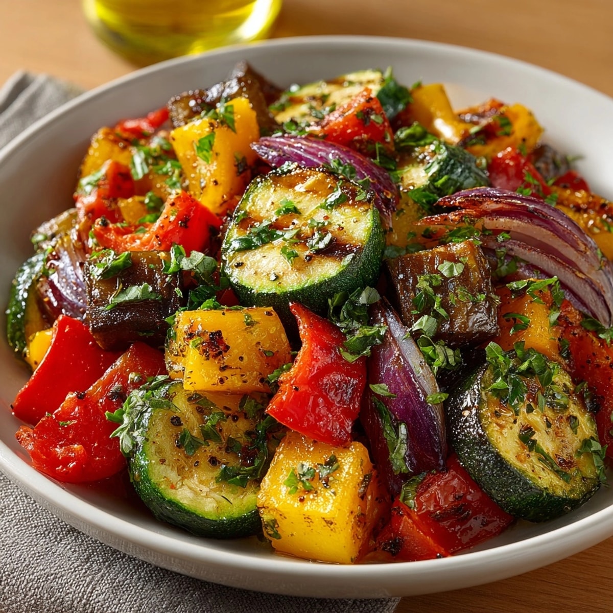 Steaming Garden Vegetable Ratatouille with fresh herbs, a vibrant and hearty vegetarian stew that's super flavorful.