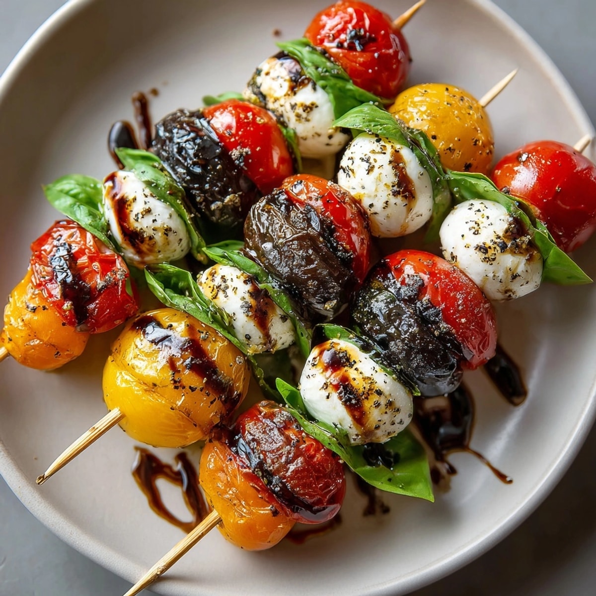 Fresh and colorful heirloom tomato, basil, and mozzarella skewers, ready to serve for a summer gathering.