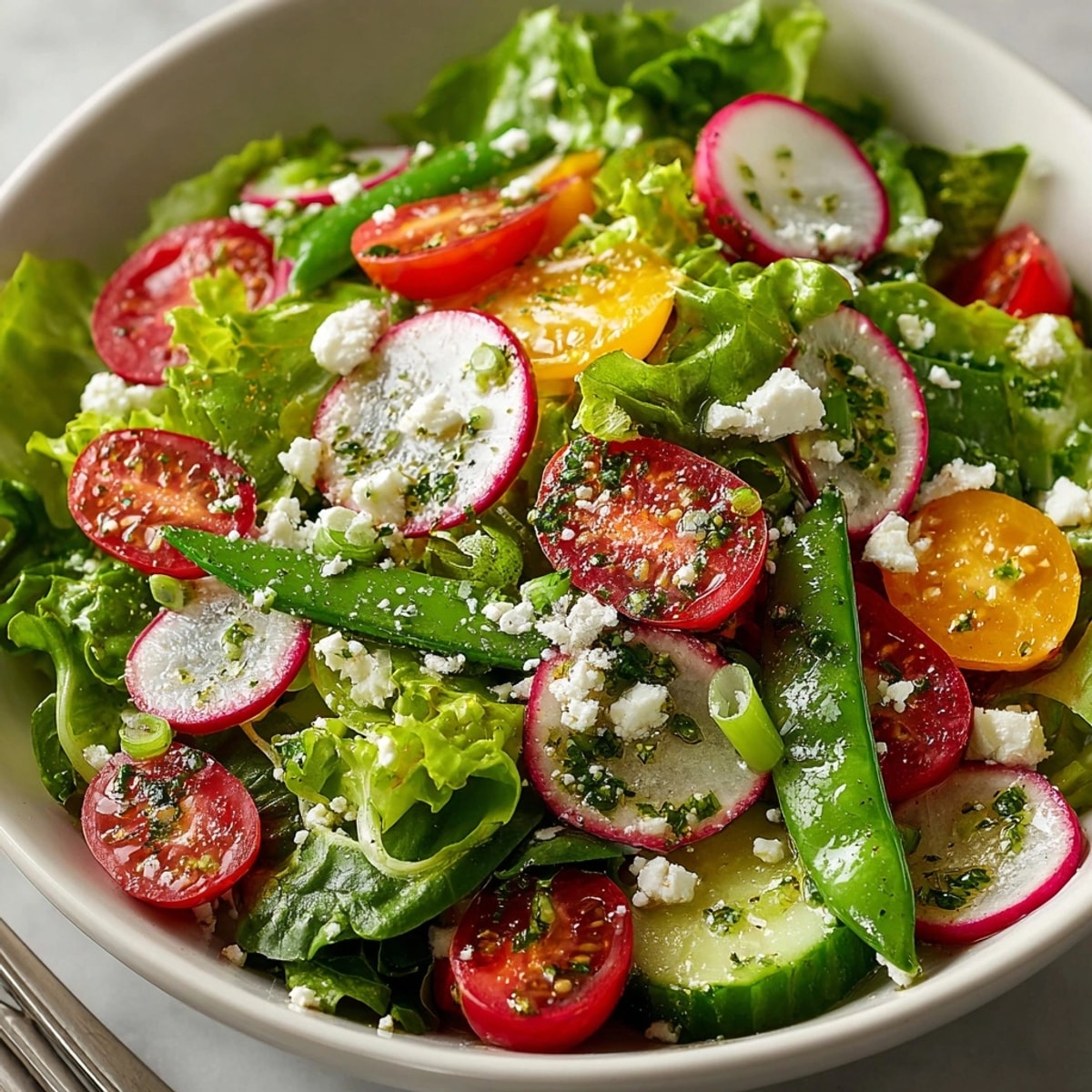 Vibrant Spring Garden Salad with Herb Vinaigrette, featuring colorful fresh vegetables and tangy dressing.