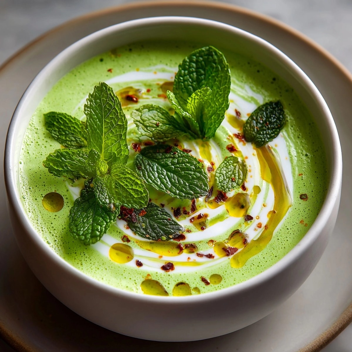 A chilled bowl of basil and cucumber soup, garnished with yogurt and fresh basil.