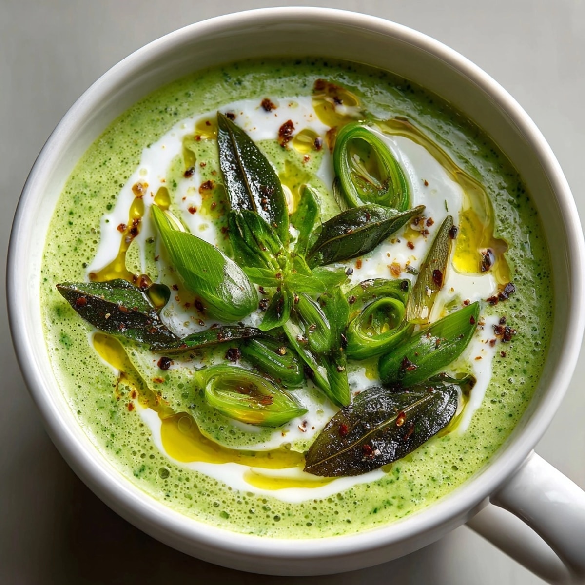 Creamy chilled basil and cucumber soup, vibrant green and refreshing, ready to enjoy.
