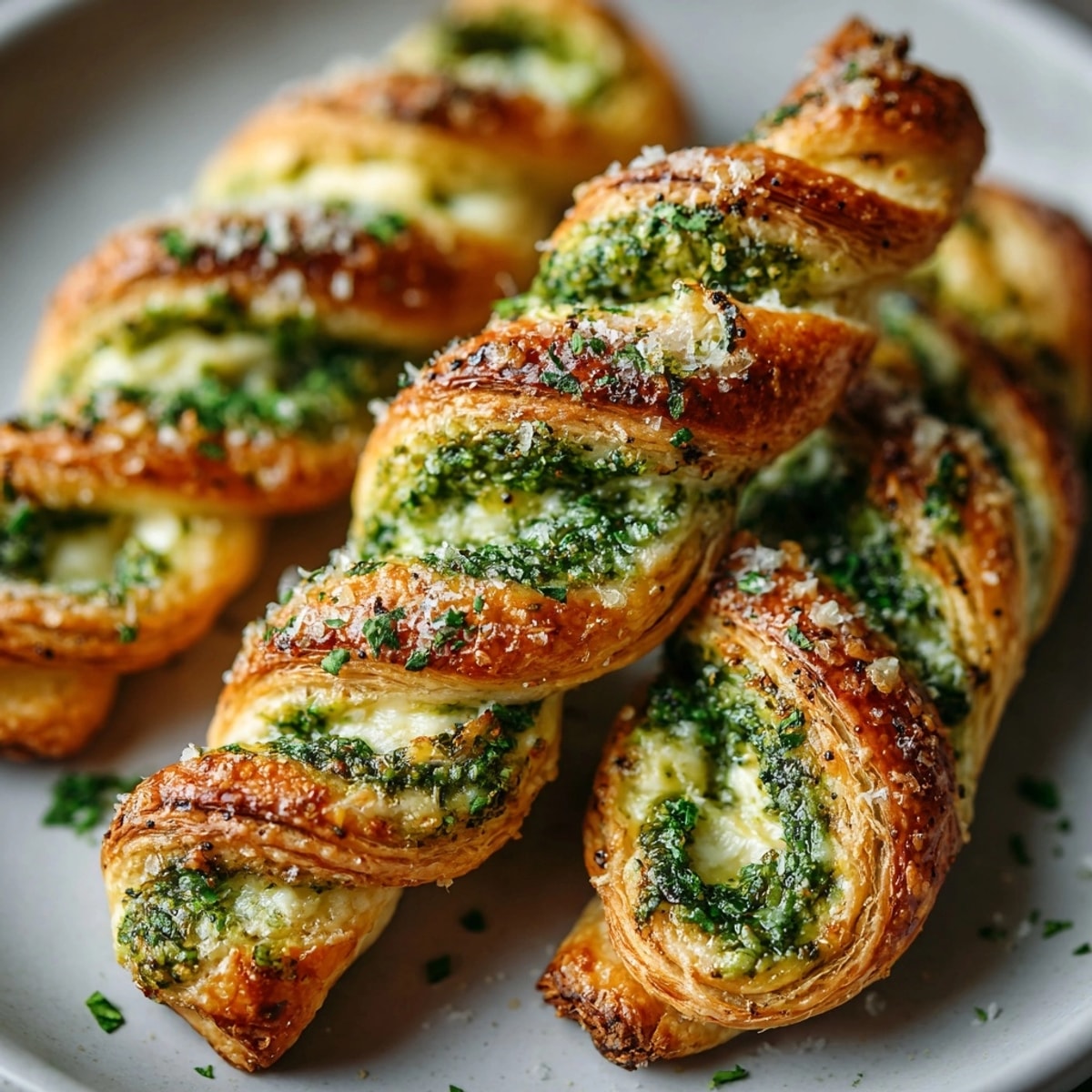Golden, flaky Pesto and Goat Cheese Savory Puff Pastry Twists, ready to be devoured with a wine pairing.