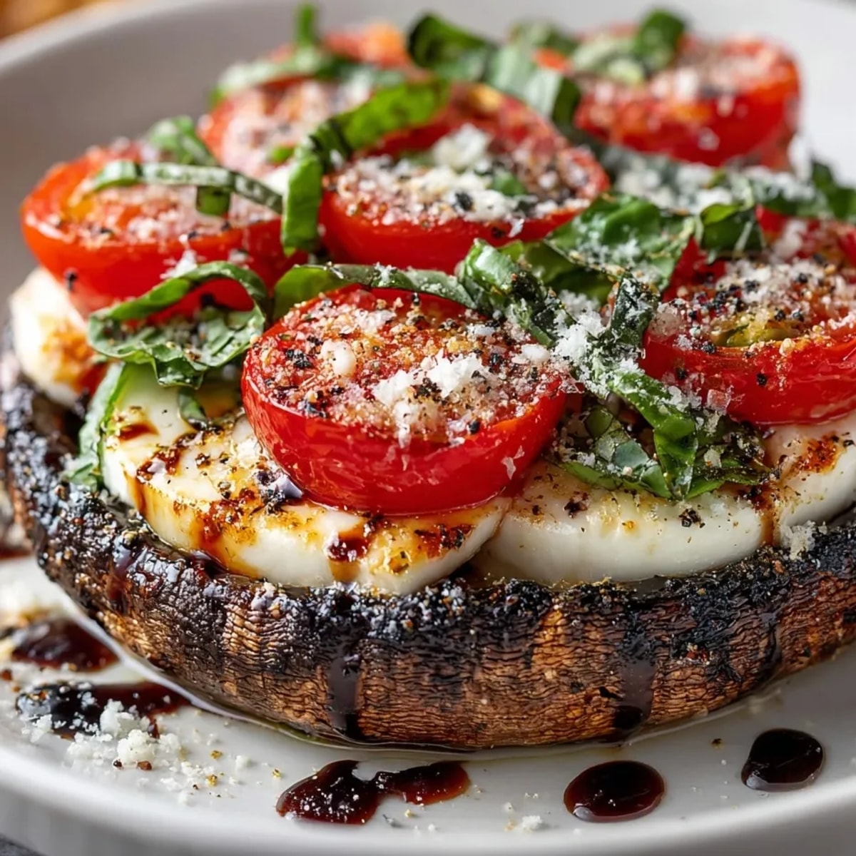 Golden-brown Caprese Stuffed Portobello Mushrooms topped with melted mozzarella and fresh basil, perfect for dinner.