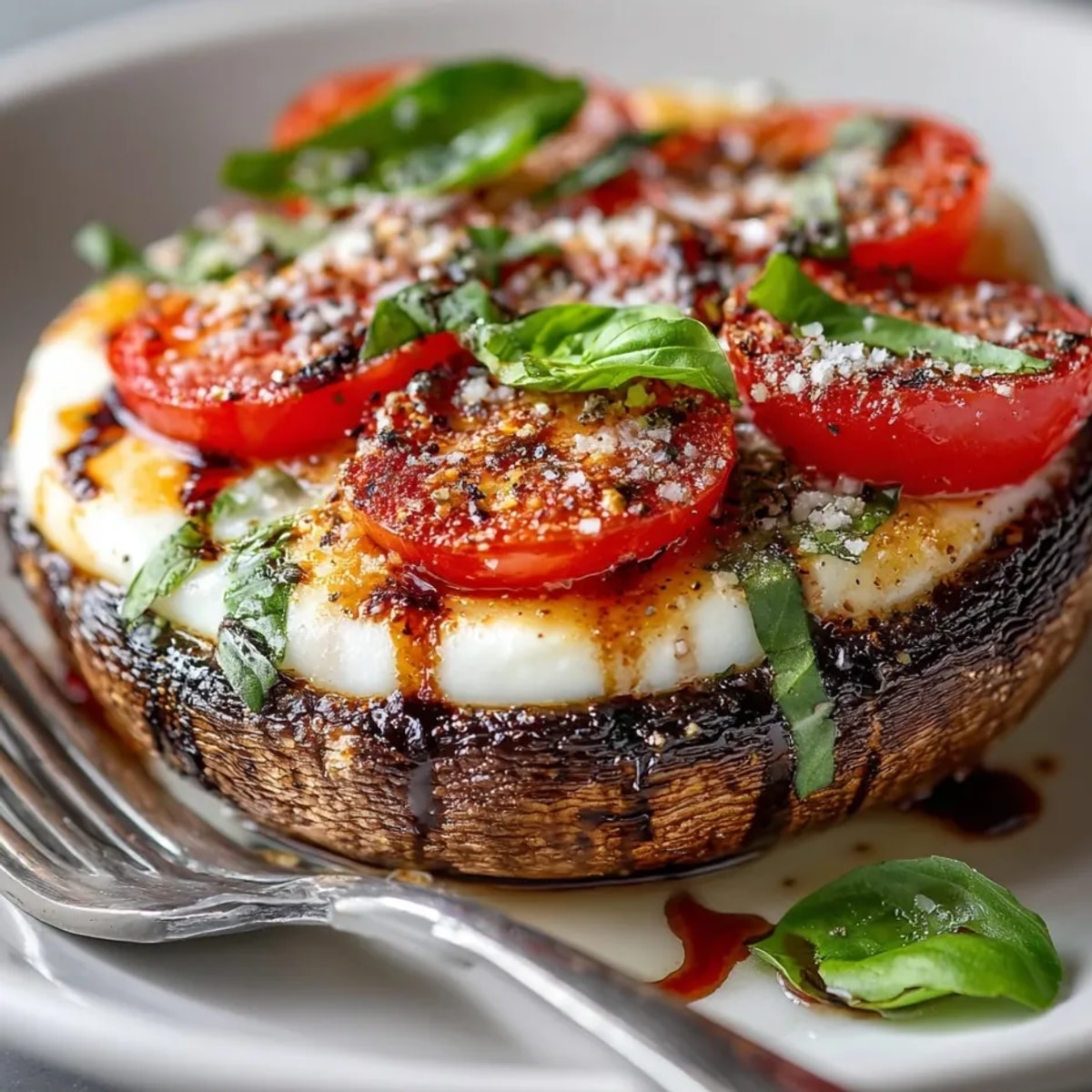 A close-up shot showcases the savory Caprese Stuffed Portobello Mushrooms, baked to juicy perfection, with balsamic glaze.