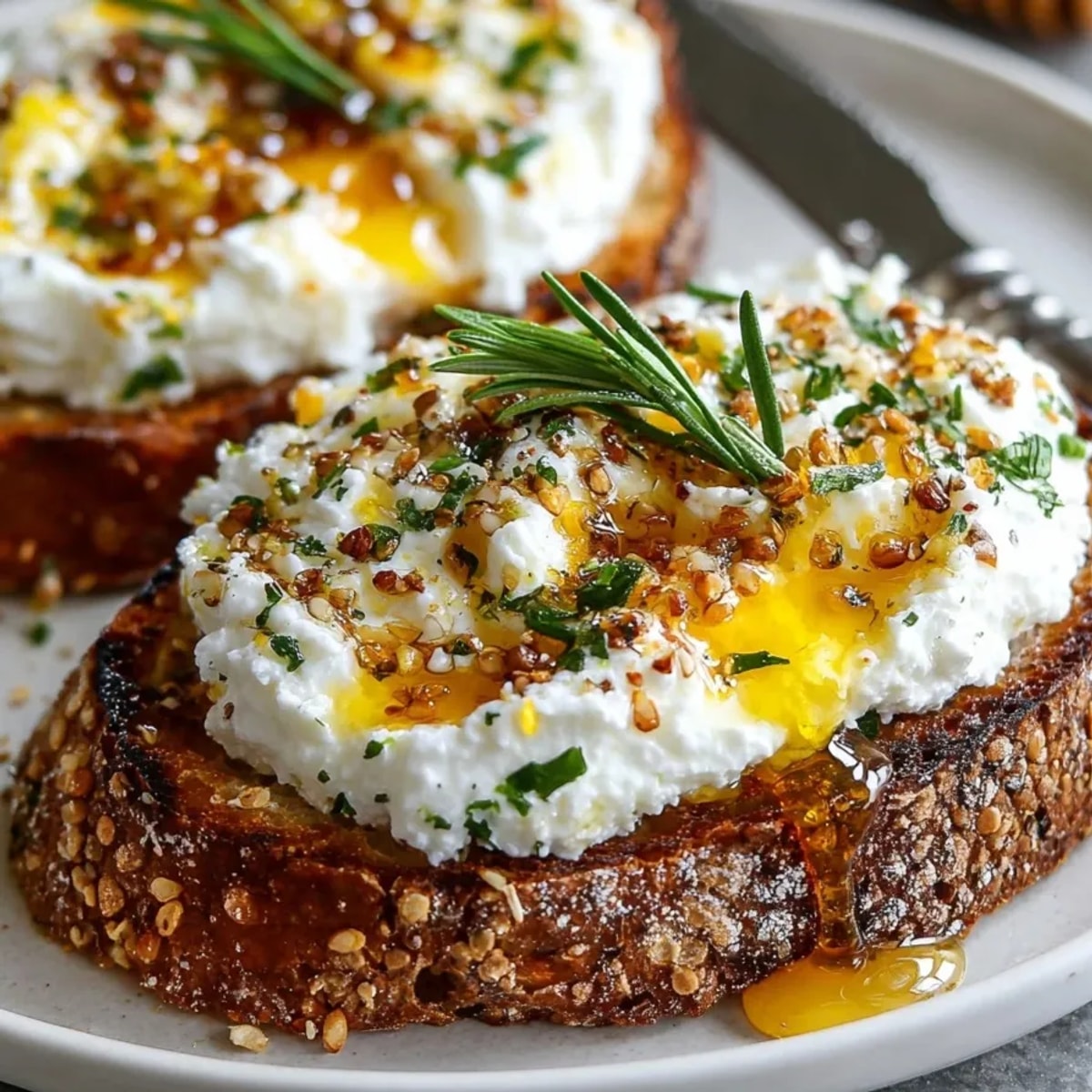 Golden honey drizzled over savory toast with rosemary ricotta, a perfect brunch bite.
