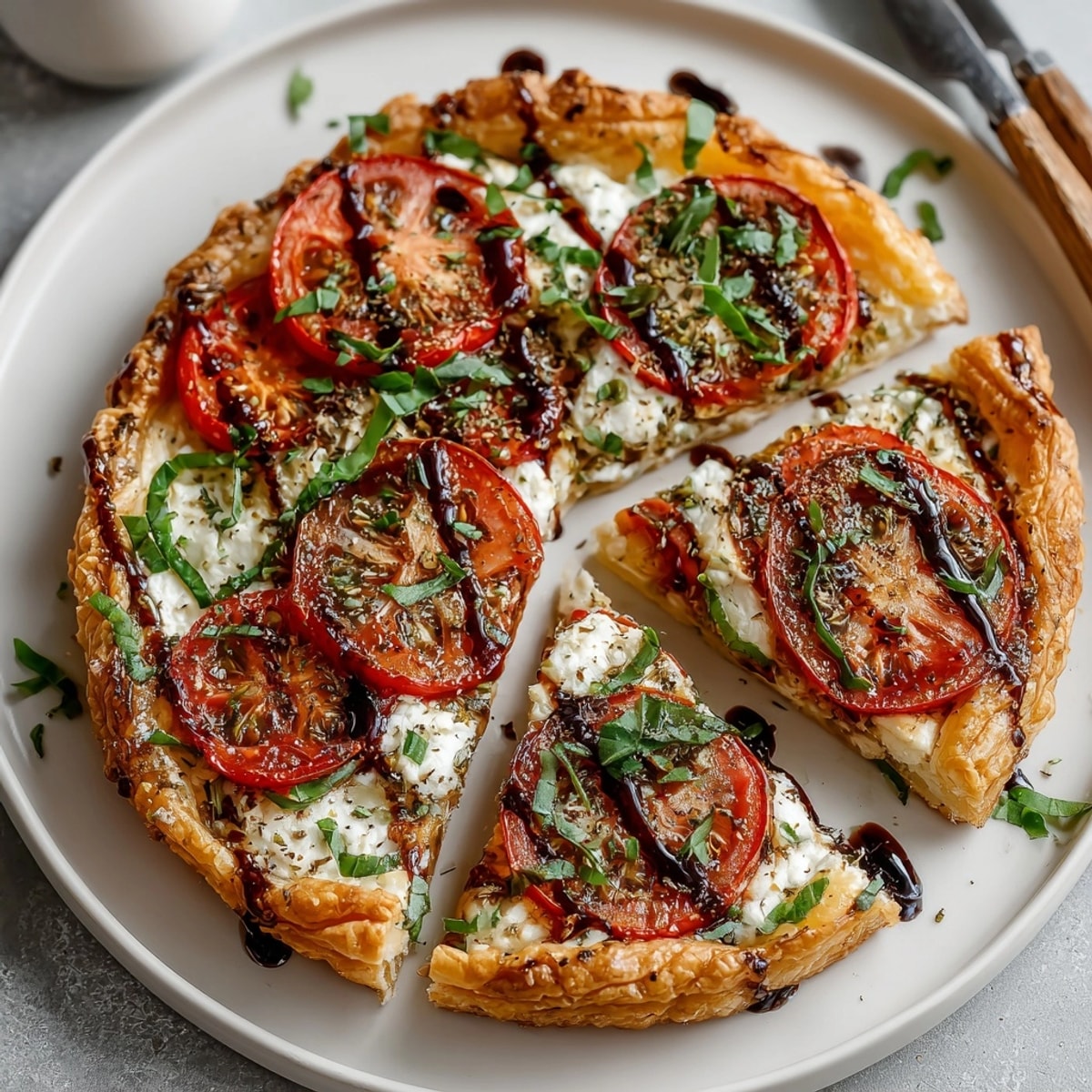 Golden-brown tomato basil tart, topped with creamy goat cheese and a balsamic glaze drizzle.