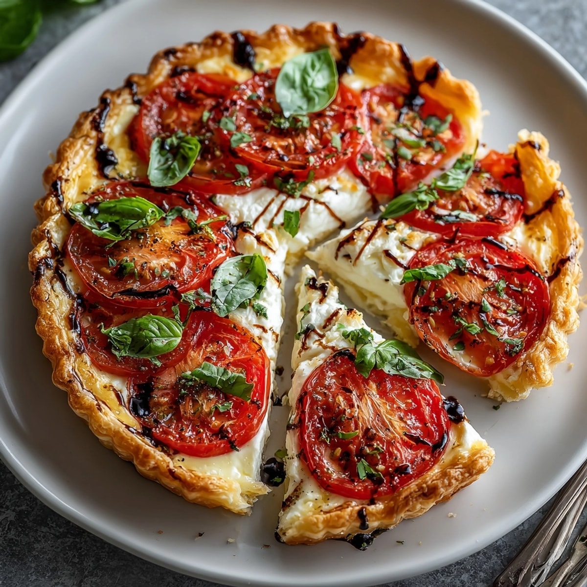 Savory tomato basil tart with a flaky crust, vibrant tomatoes, and a balsamic vinegar drizzle for flavor.