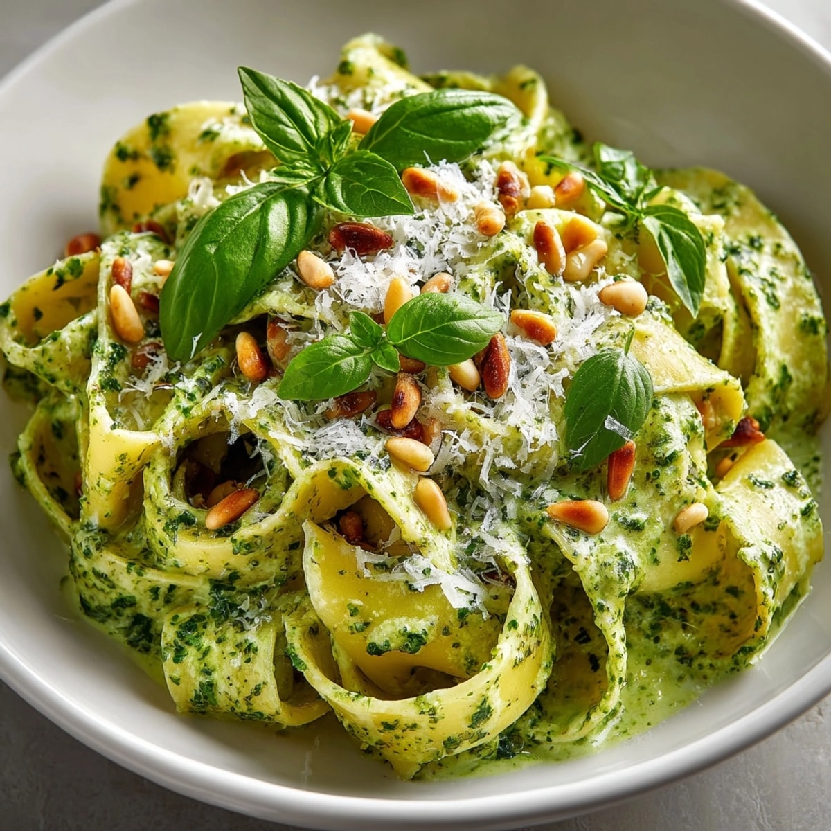Creamy pappardelle with fresh basil sauce and toasted pine nuts, a comforting Italian pasta.