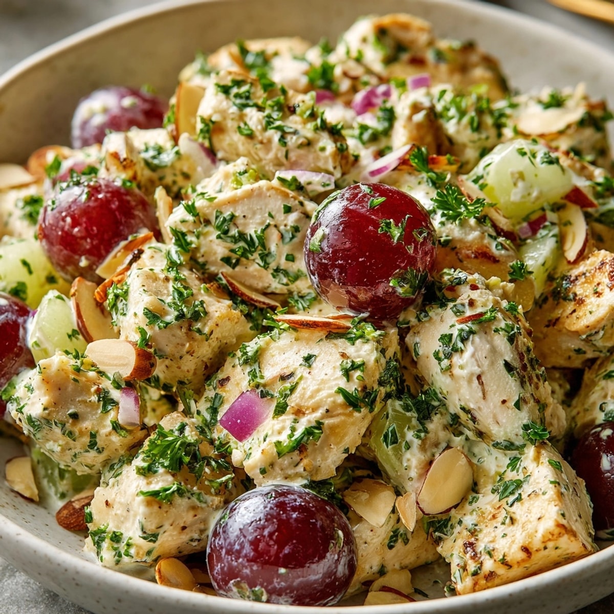 Creamy Greek yogurt chicken salad, bursting with grapes, is perfect for a picnic lunch.