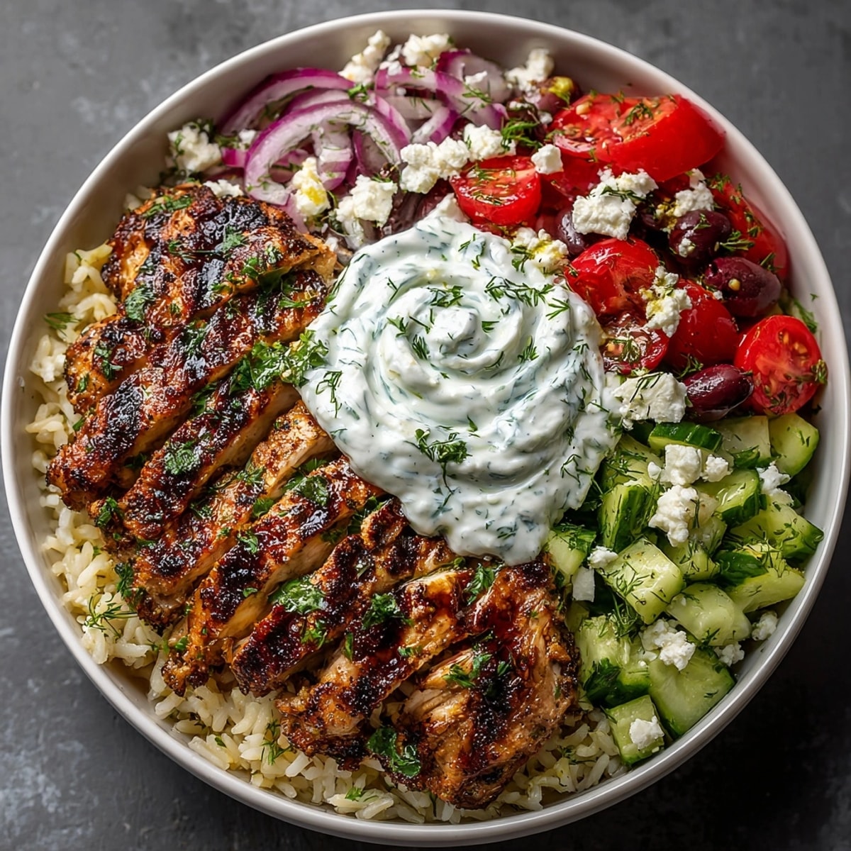 Golden, grilled Greek Chicken Bowls boasting vibrant colors and fresh, flavorful ingredients, ready to enjoy.