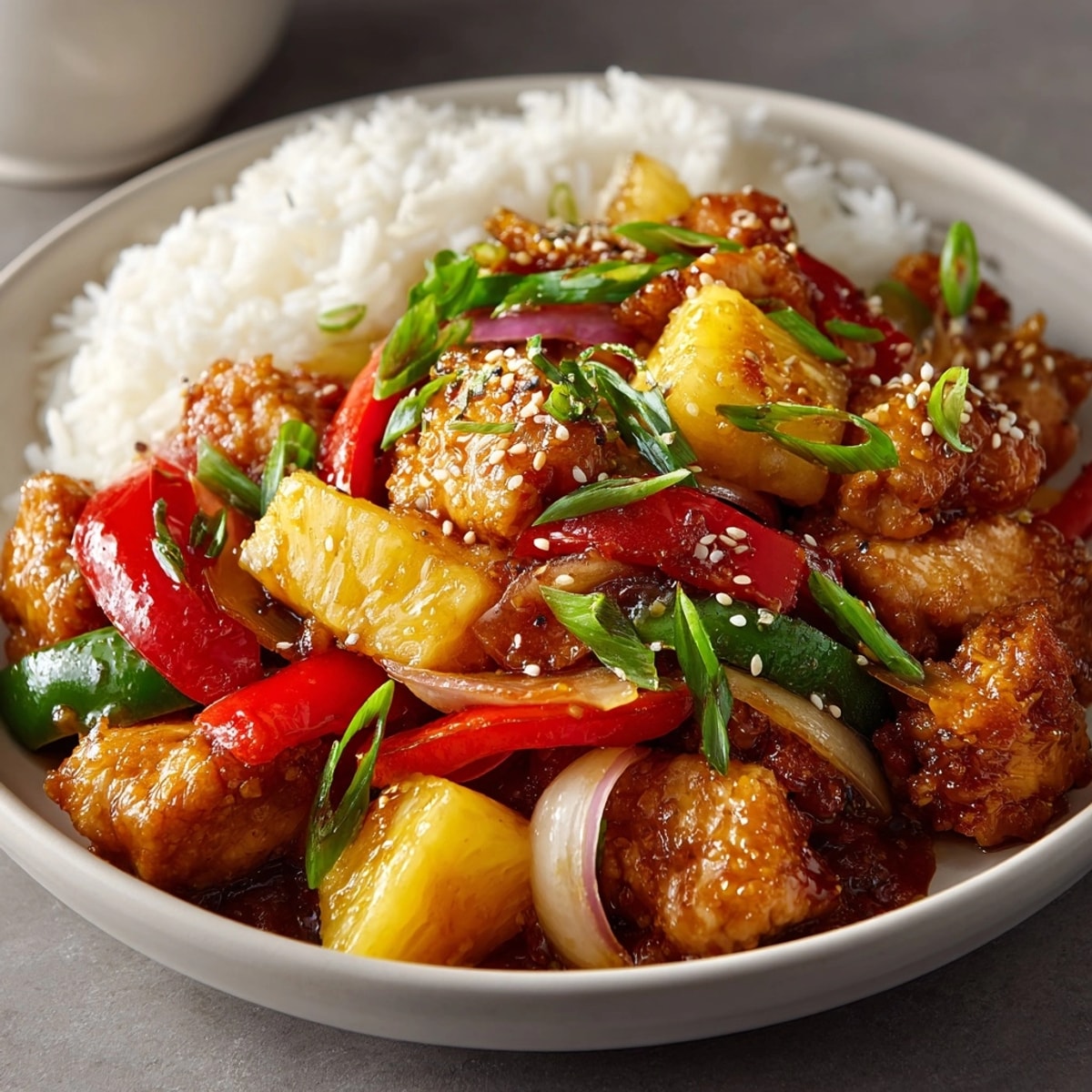 Pineapple Chicken Stir Fry: a colorful stir-fry with tender chicken, pineapple chunks, and a savory sauce.