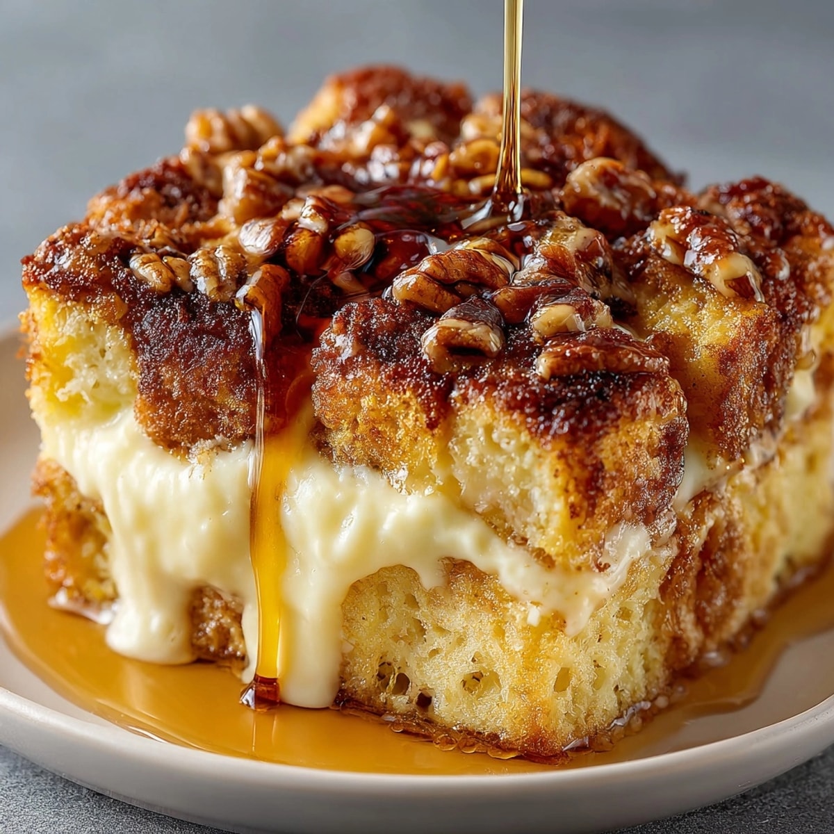 Golden-brown Eggnog French Toast Casserole, baked until bubbly, perfect for a festive brunch spread.