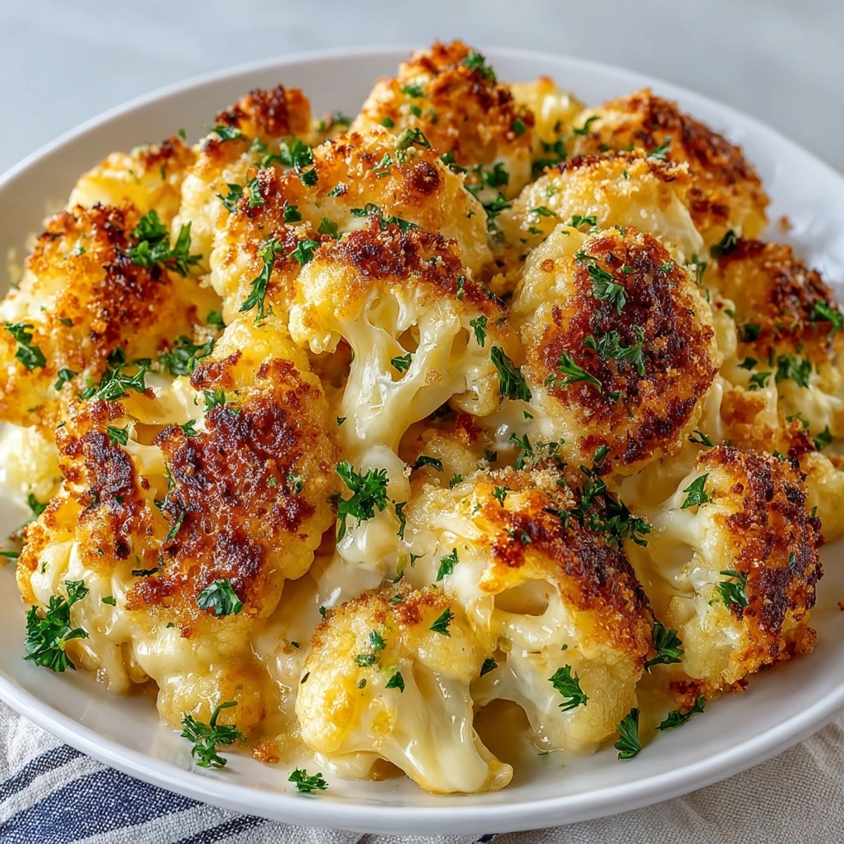 Golden, bubbly Cauliflower Mac and Cheese topped with crispy breadcrumbs, a delicious comfort food.
