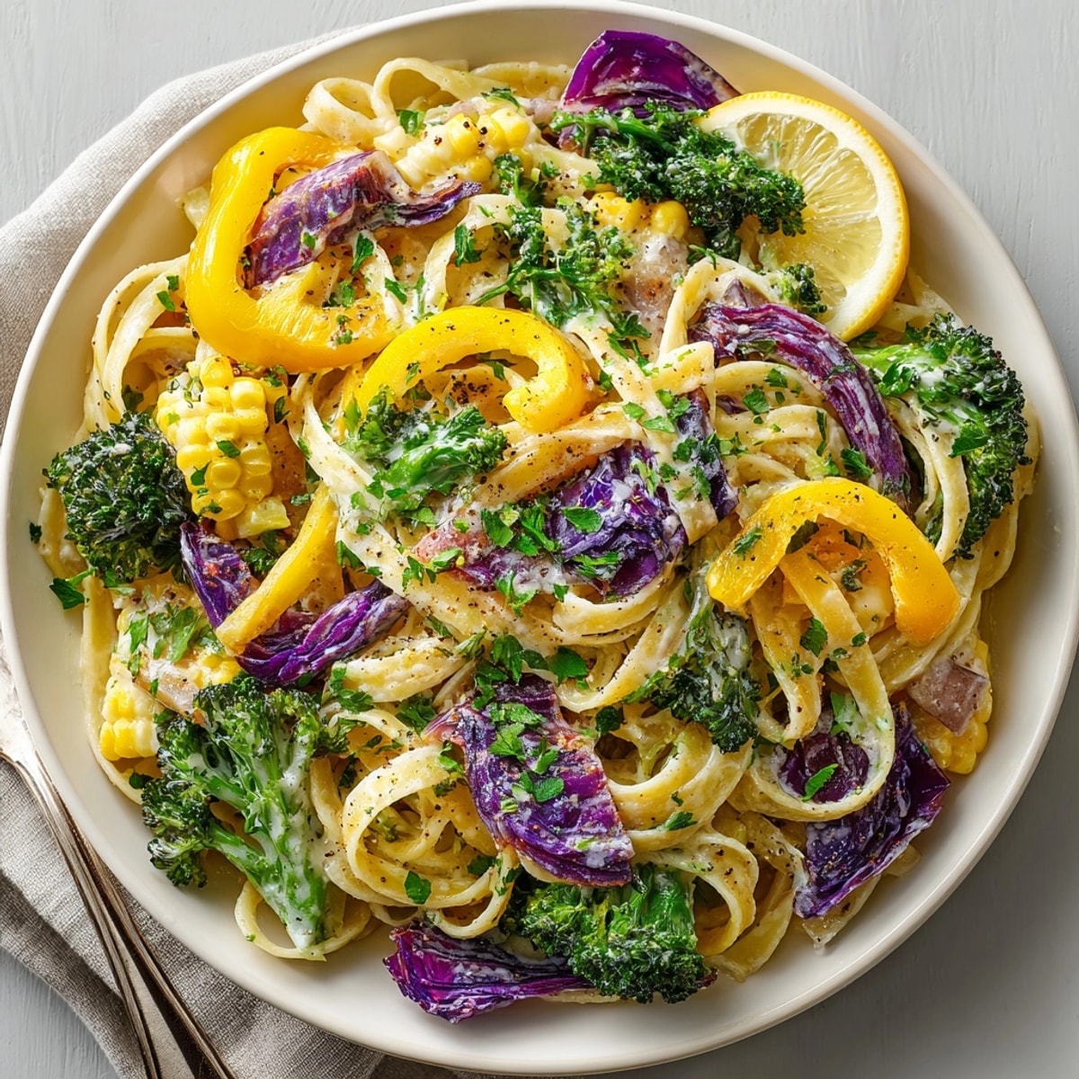 Vibrant Mardi Gras Pasta, a colorful vegetarian dish with layers of flavorful vegetables and creamy sauce.