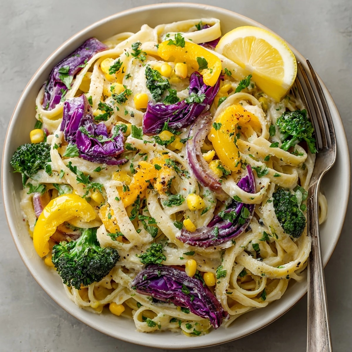 Close-up of the festive Mardi Gras Pasta showcasing purple cabbage, golden corn, and green broccoli.