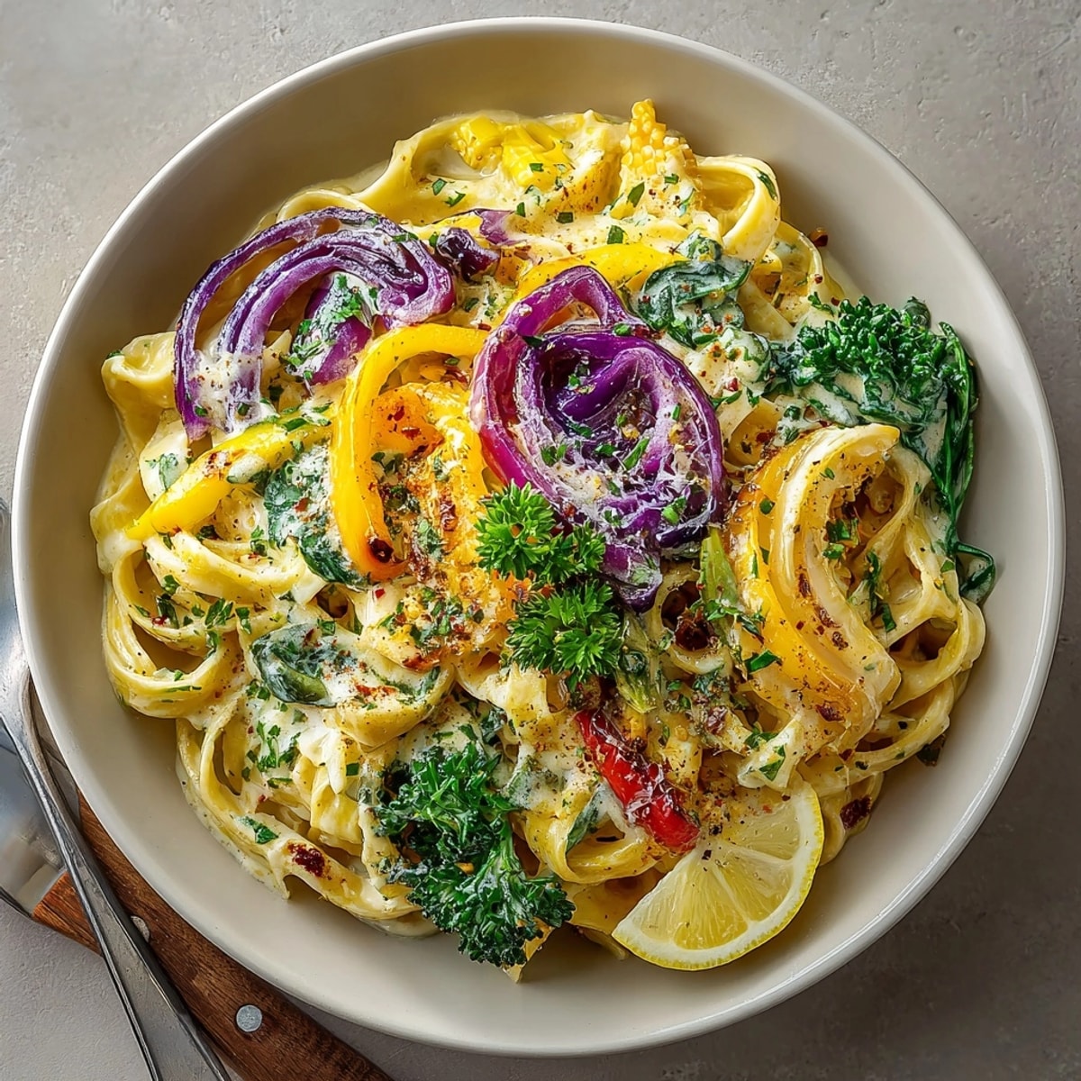 A delicious plate of Mardi Gras Pasta with a rich, creamy sauce perfect for a vibrant dinner.