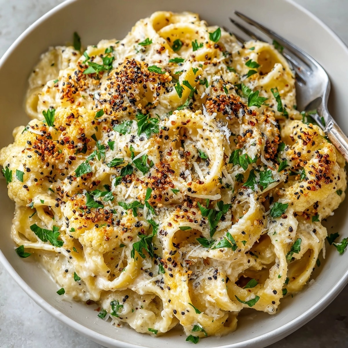 Cauliflower Alfredo, a luscious pasta dish, blanketed in creamy sauce and sprinkled with everything bagel seasoning.