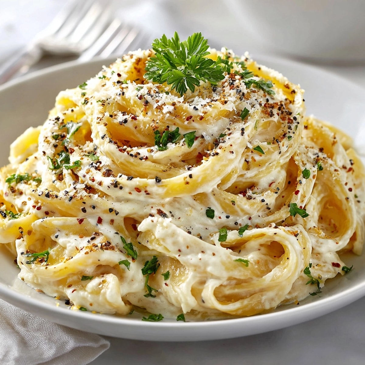 Beautifully plated cauliflower Alfredo: rich, flavorful pasta with a hint of everything bagel seasoning's savory crunch.