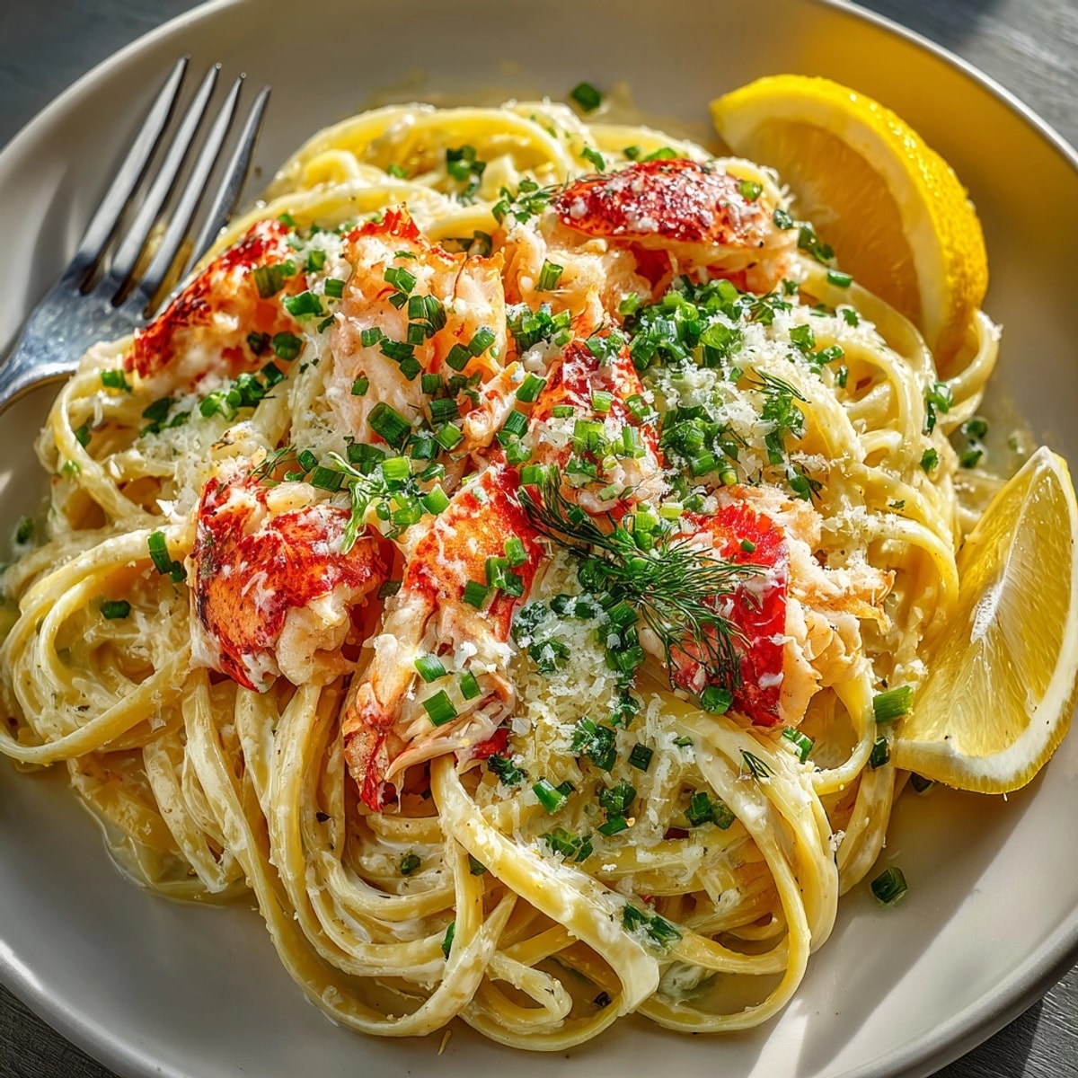A creamy Maine Lobster Roll Pasta, brightened with fresh celery and served immediately.