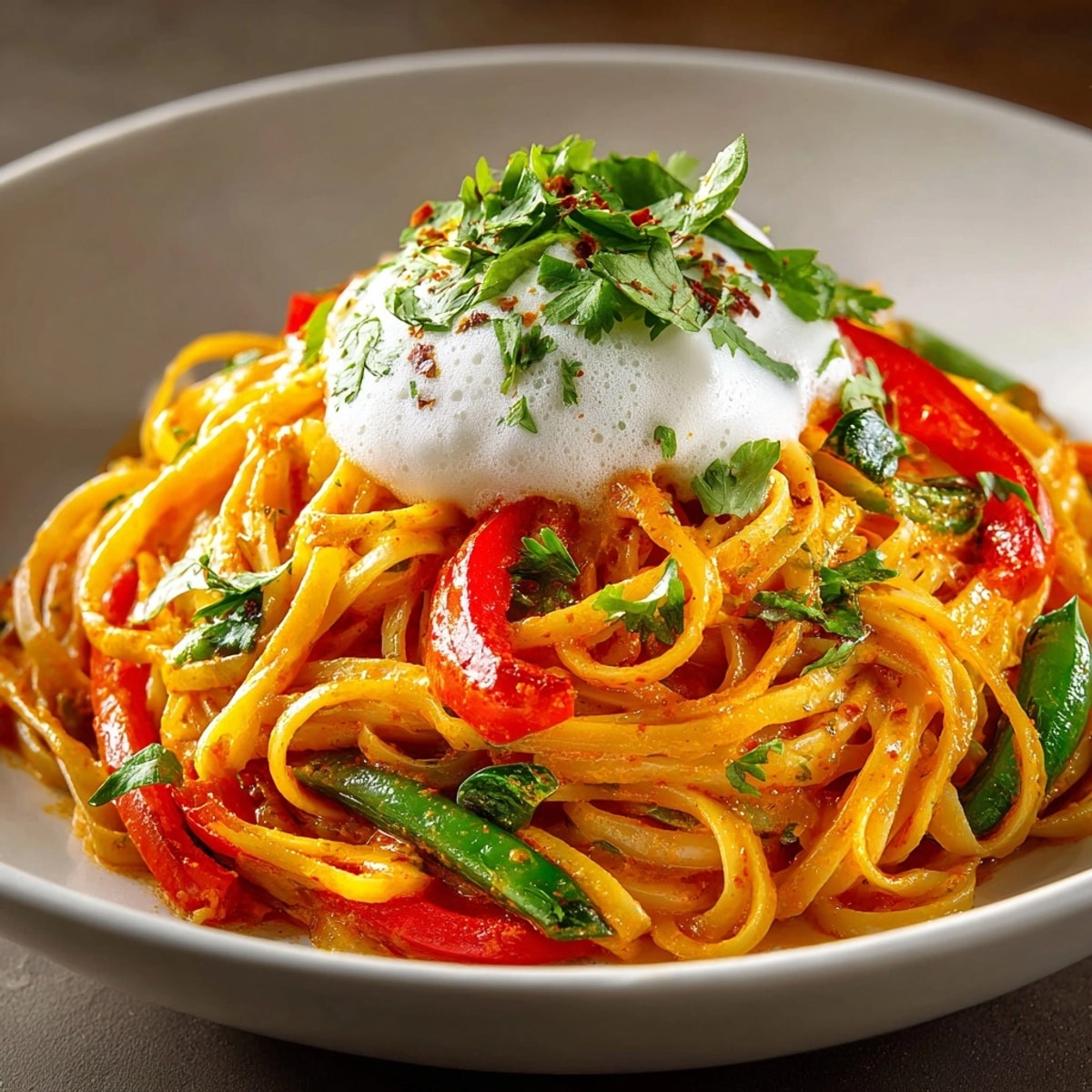 Steaming bowl of vibrant Thai Curry Pasta garnished with fresh coriander and creamy coconut foam.