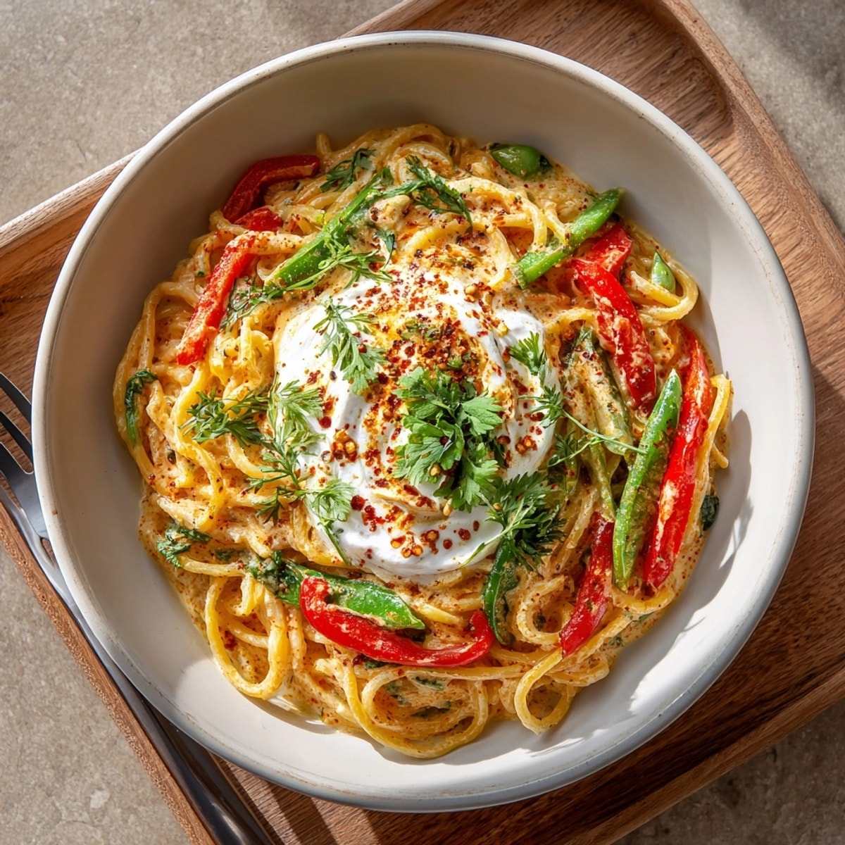 Enjoy a plate of aromatic Thai Curry Pasta, a fusion of creamy coconut foam and pasta.