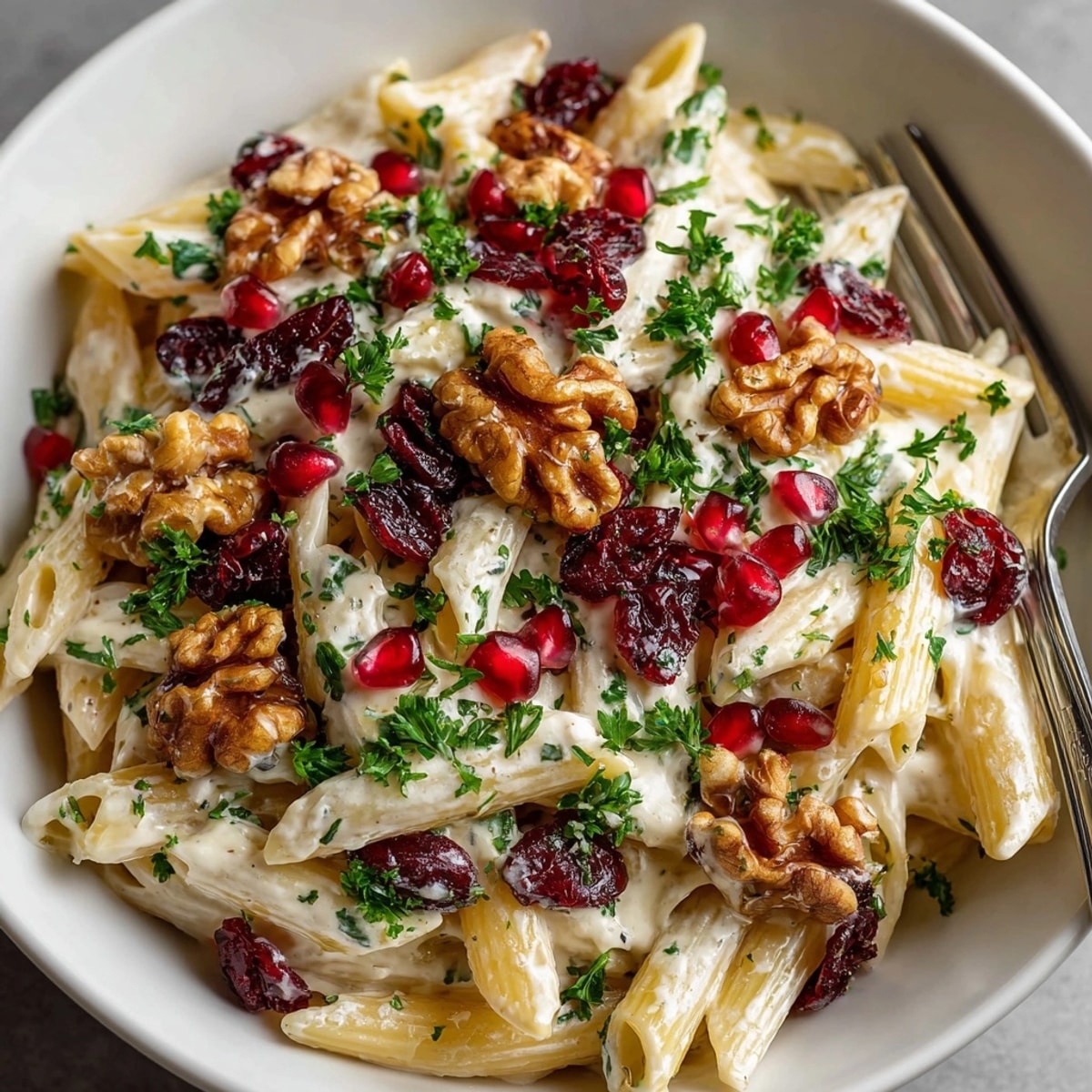 Creamy Cranberry Goat Cheese Pasta, garnished with ruby pomegranate seeds, a delightful dinner.