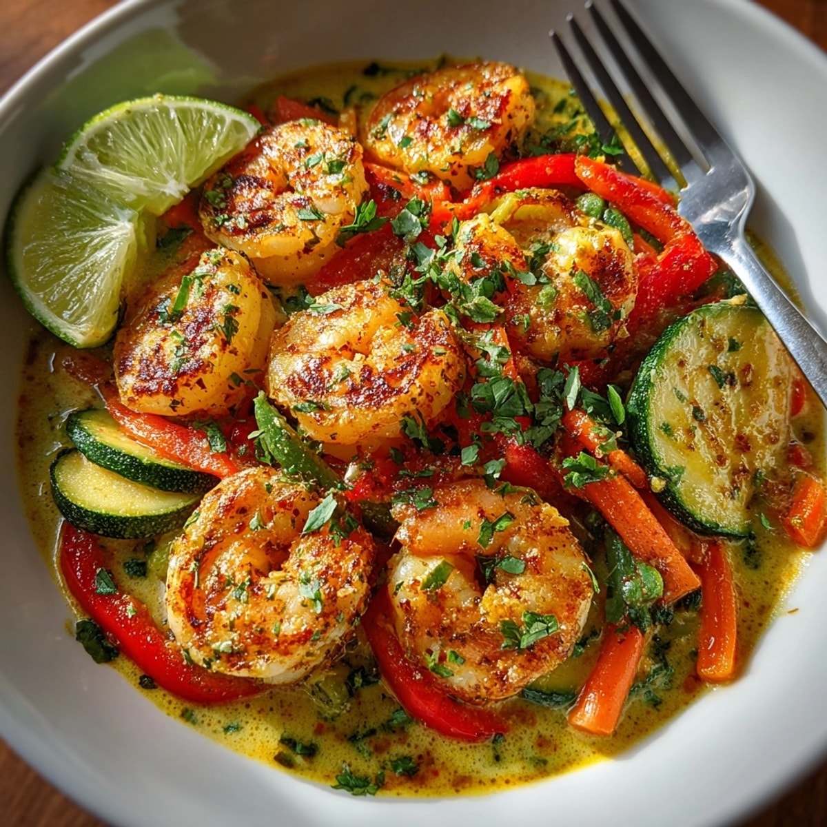 Colorful shrimp and vegetable curry simmered in creamy coconut sauce, served with fresh cilantro.