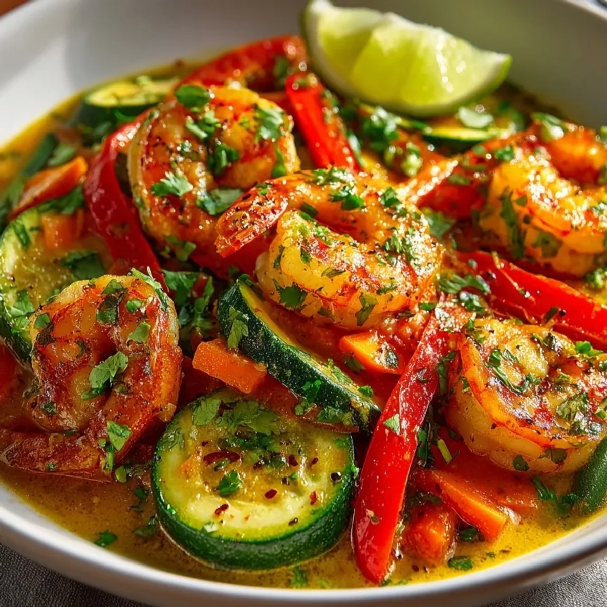 Steaming bowl of shrimp and vegetable curry featuring bell pepper, zucchini, and aromatic spices.