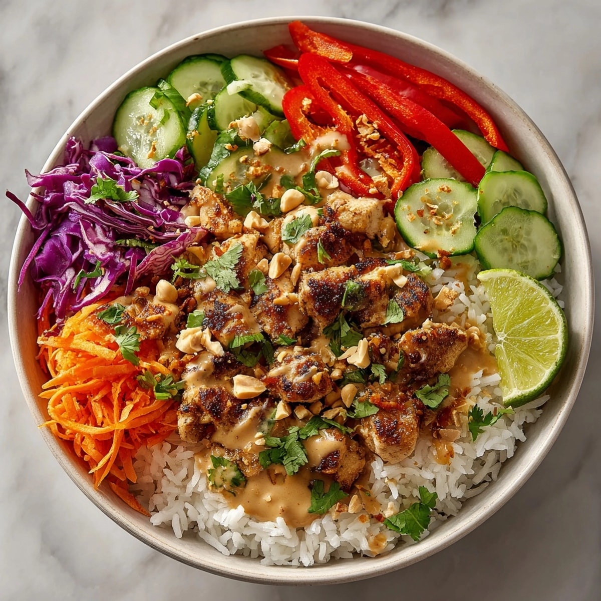 Thai Peanut Chicken Bowls with colorful fresh veggies, tender chicken, and creamy peanut sauce over jasmine rice.