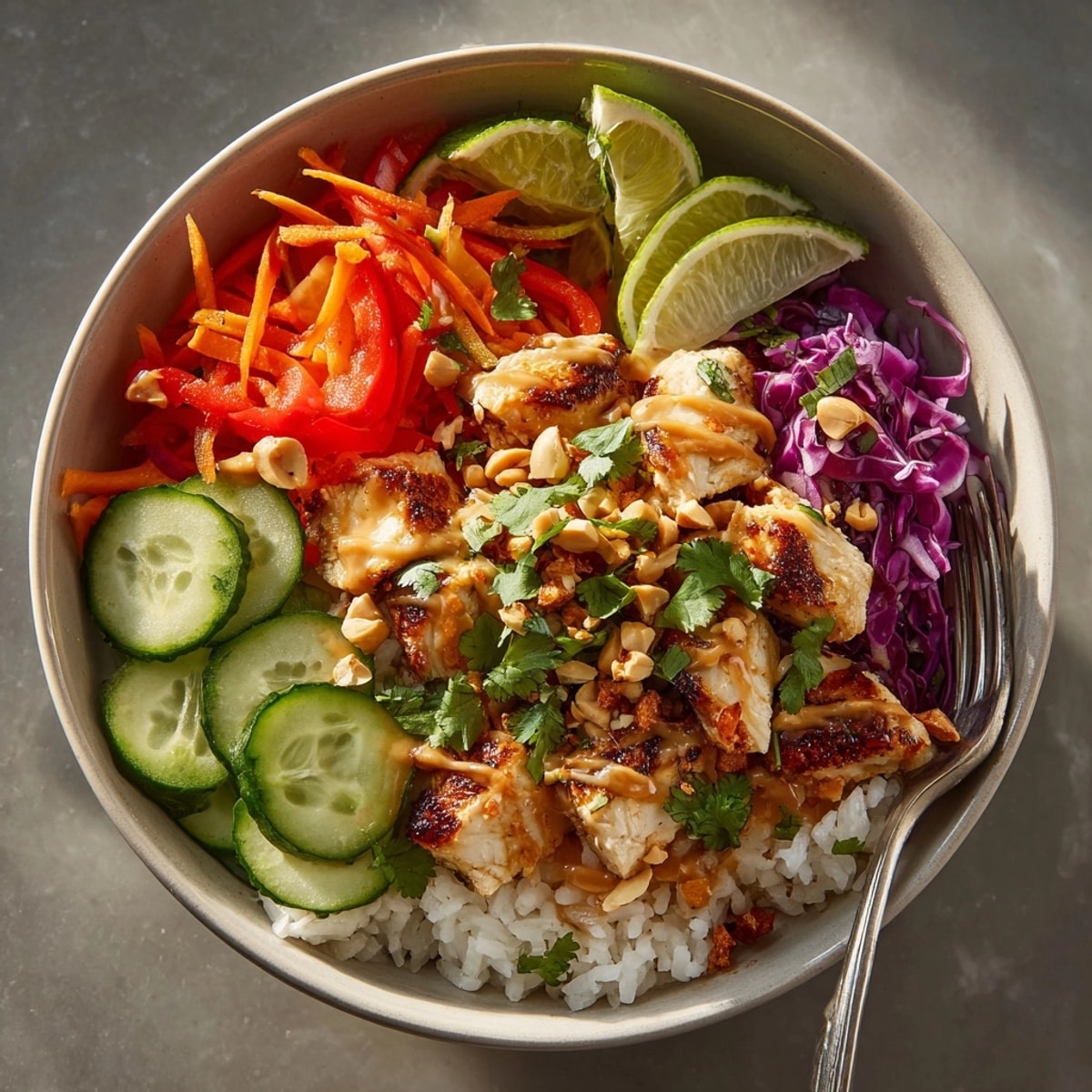 Freshly assembled Thai Peanut Chicken Bowls garnished with lime wedges, cilantro, and crunchy peanuts.