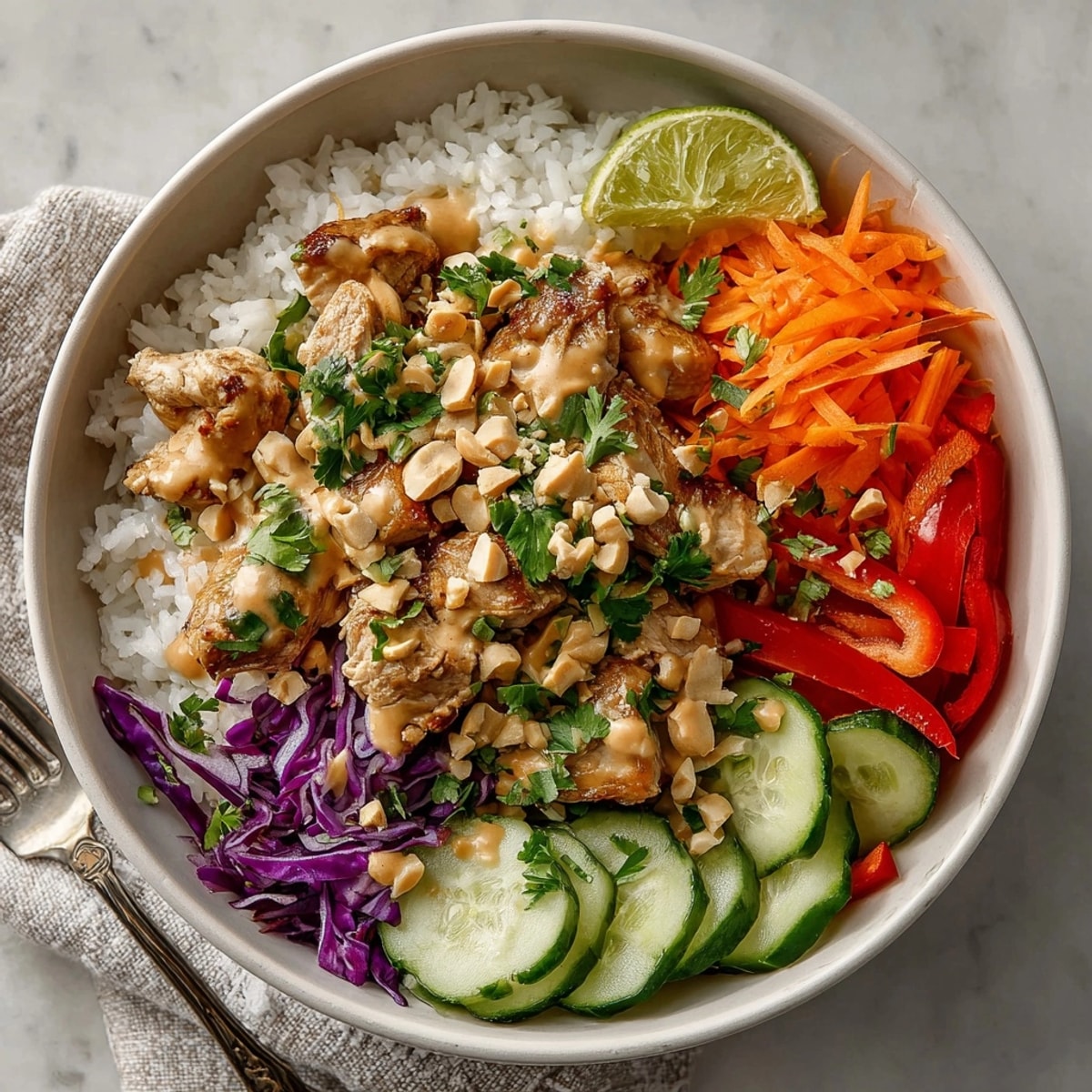 Hearty Thai Peanut Chicken Bowls featuring juicy chicken, crisp vegetables, and aromatic rice, served warm.