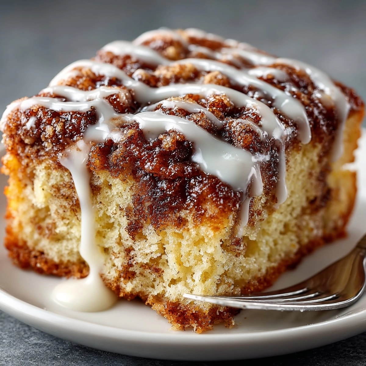 Cinnamon Roll Coffee Cake with swirled cinnamon sugar and glossy vanilla glaze served warm.