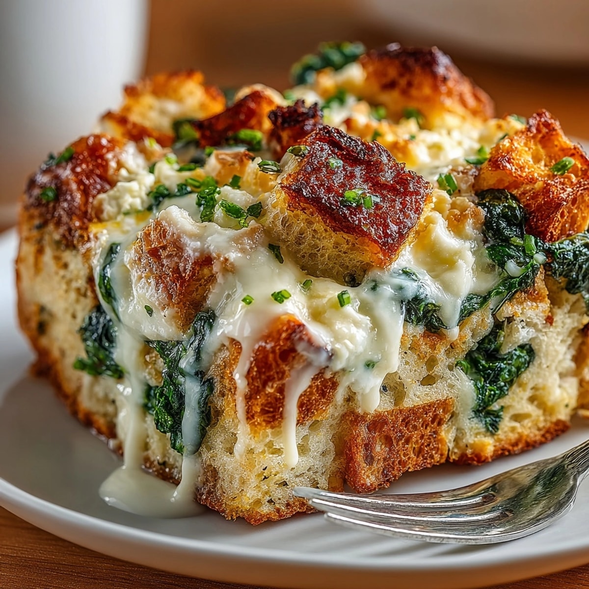 Breakfast Casserole with Spinach and Feta fresh from the oven, golden and bubbling.